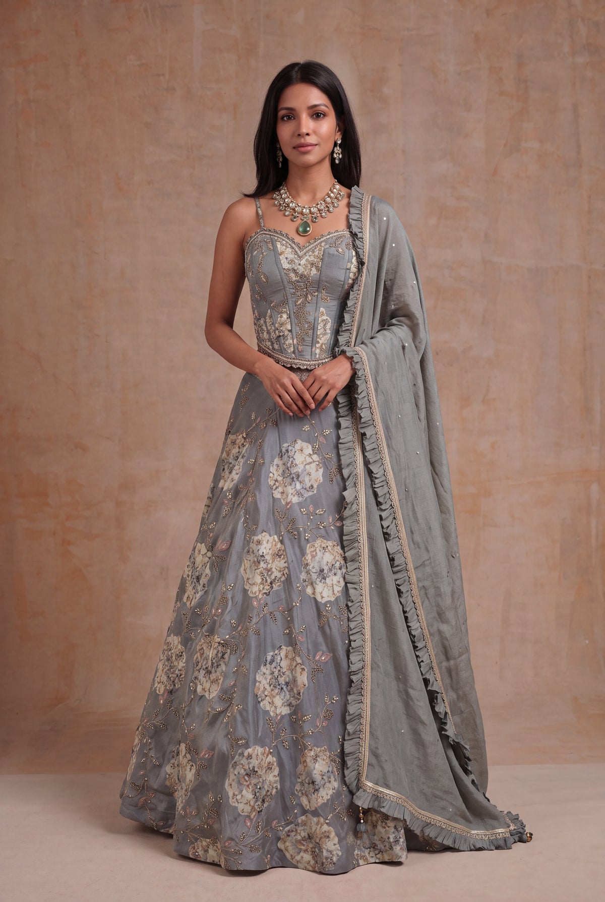 Grey Tissue Silk Floral Lehenga with Zari Work - Mokshaa