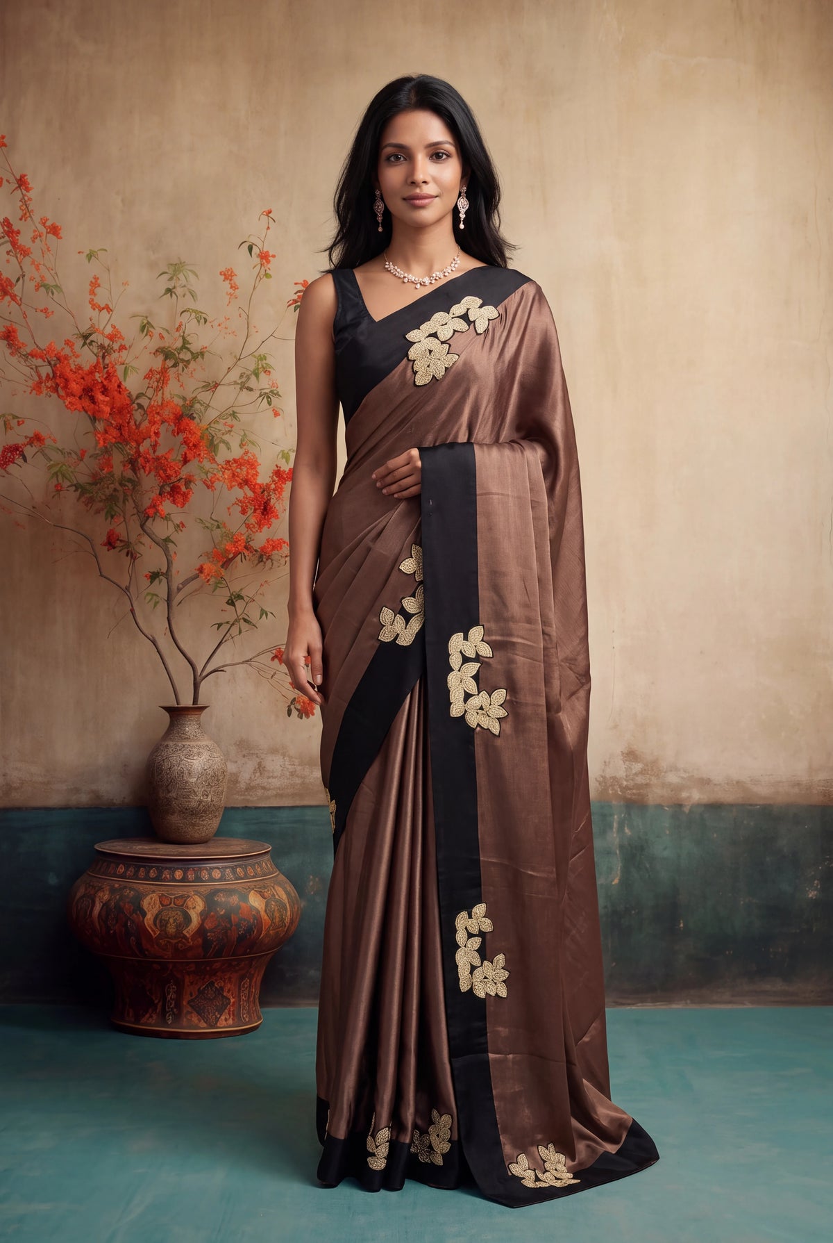 Mocha Brown Crepe Silk Saree - Mokshaa