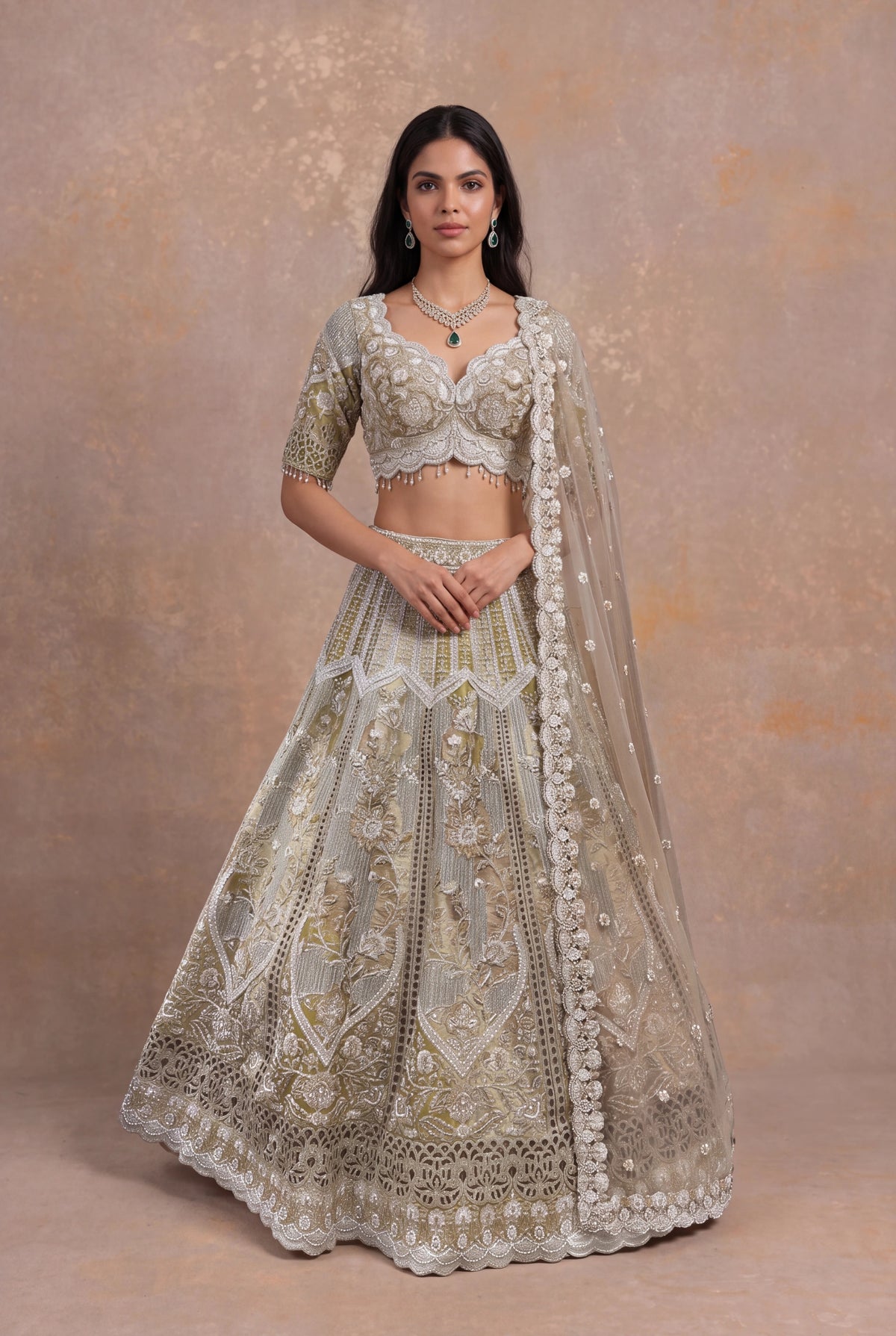 Shimmer Tissue Cutwork Lehenga - Mokshaa