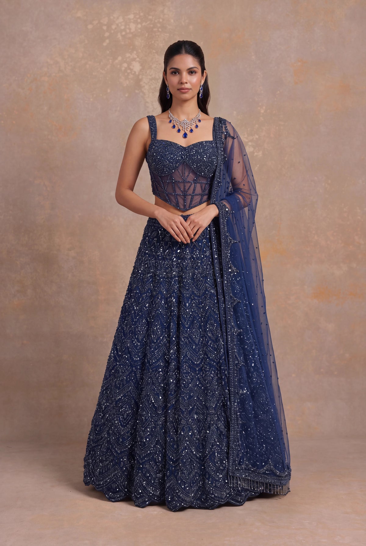 Navy Blue Net Corset Lehenga - Mokshaa