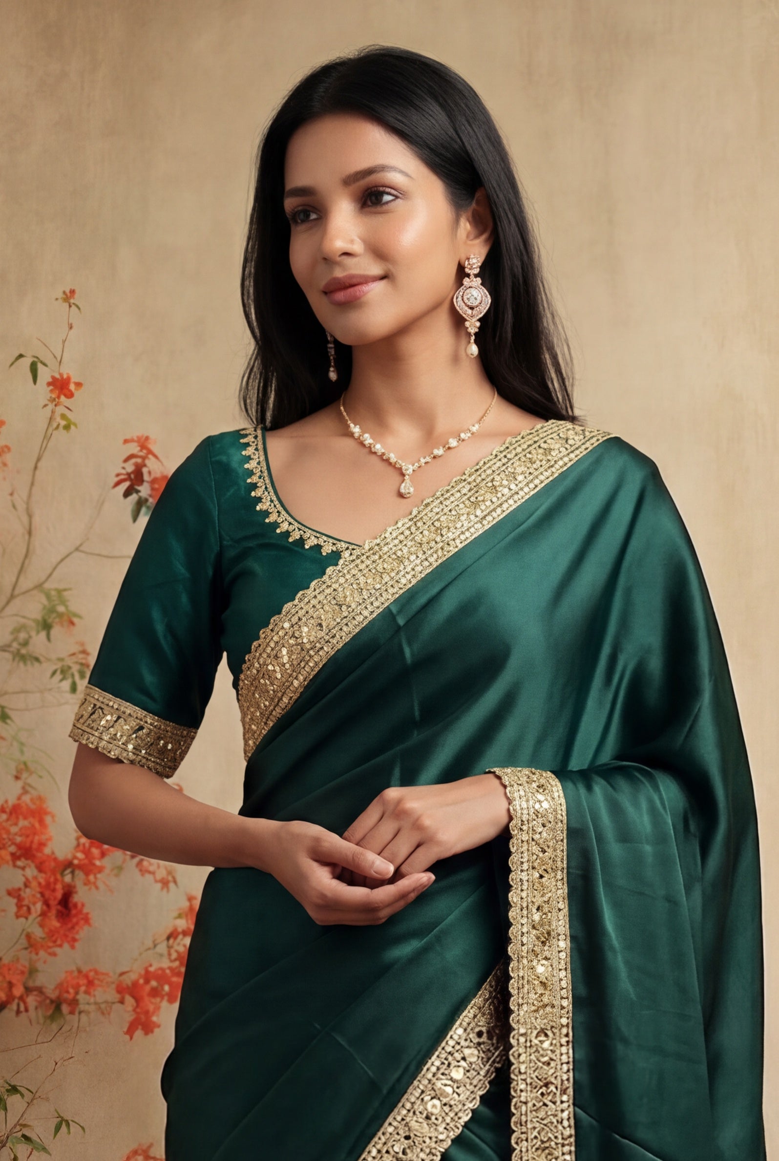 Green Satin Saree with Gold Sequin Border