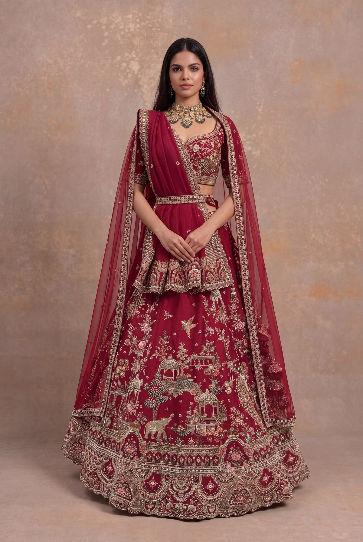 Maroon Raw Silk Lehenga Set with Thread and Cutdana Work - Mokshaa
