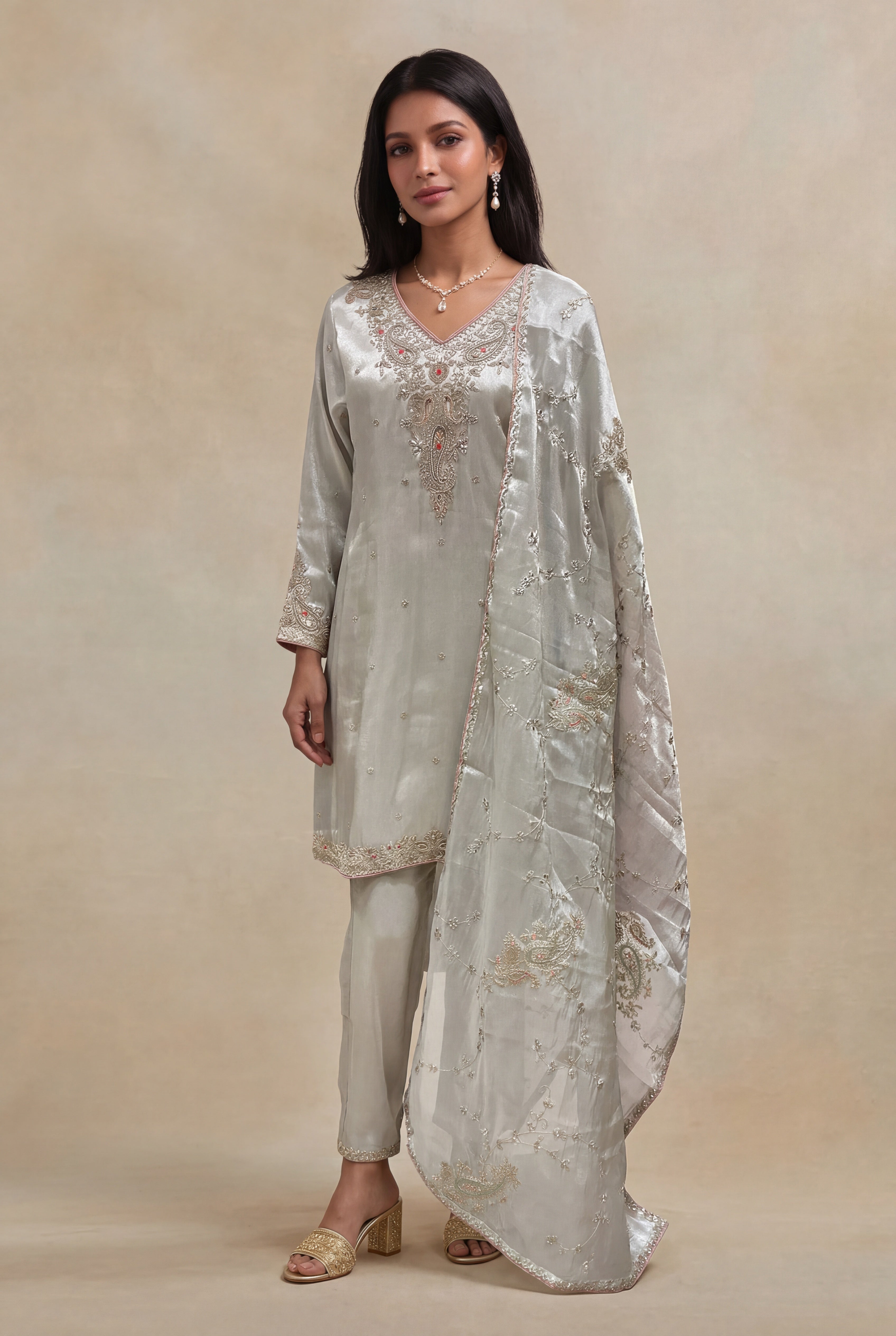 Silver Grey Tissue Straight Cut Salwar Set