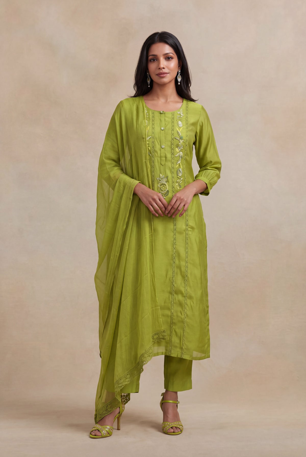 Lime Green Mul Cotton Straight-Cut Salwar Set - Mokshaa
