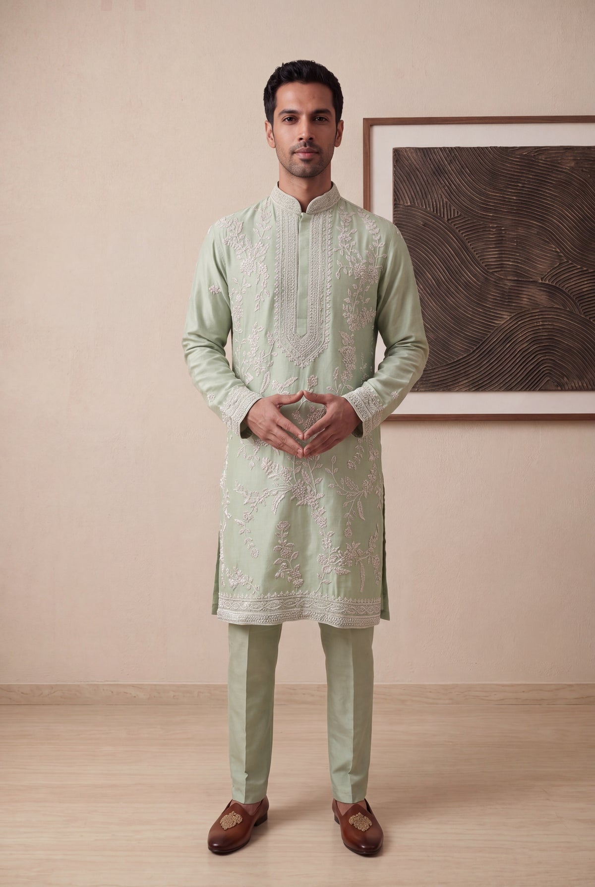 Sage Green Raw Silk Kurta Pant Set - Mokshaa