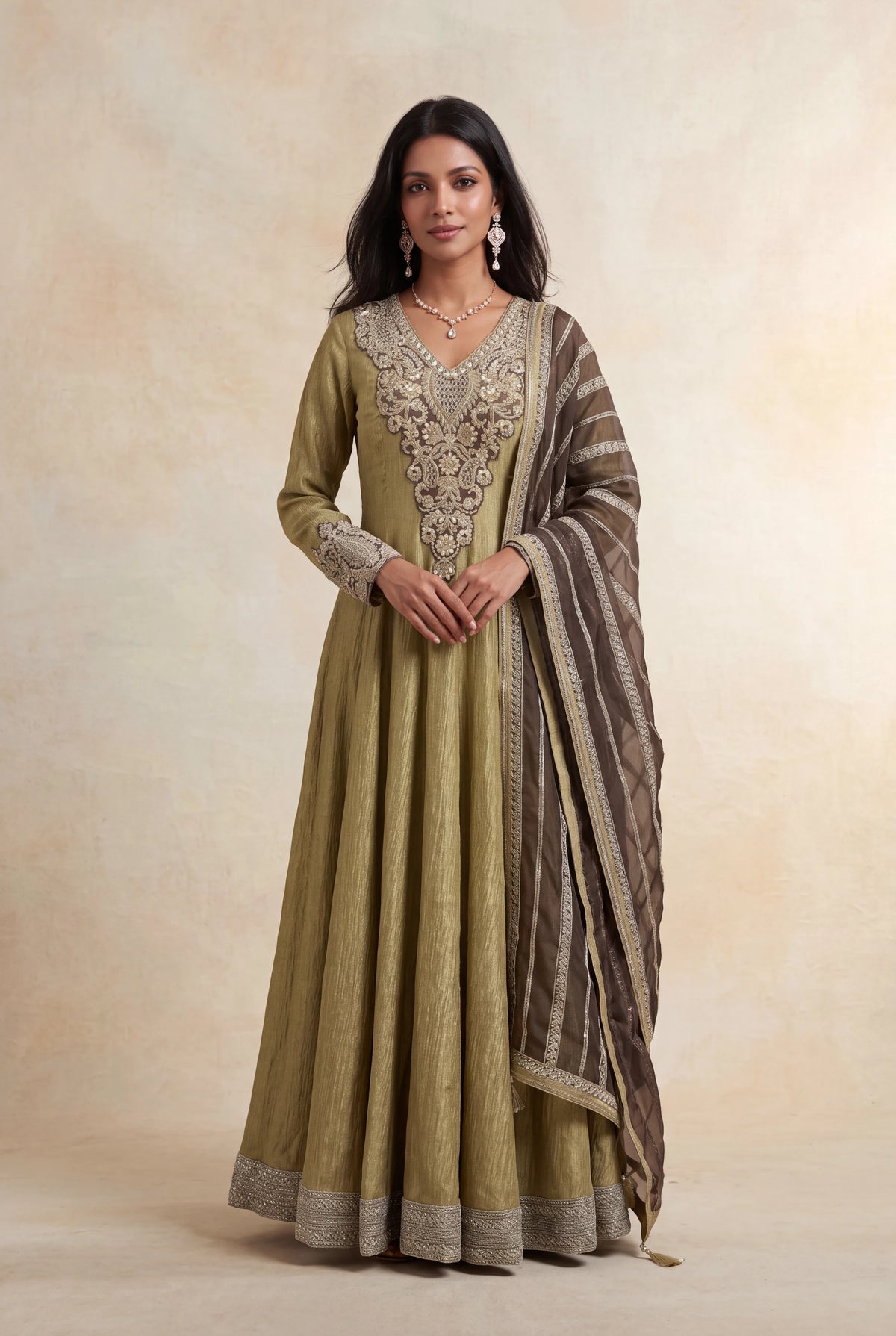 Olive Crush Tissue Anarkali - Mokshaa