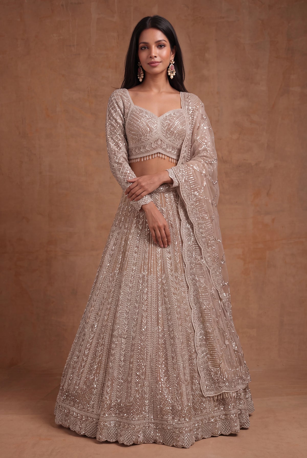 Champagne Net Lehenga - Mokshaa