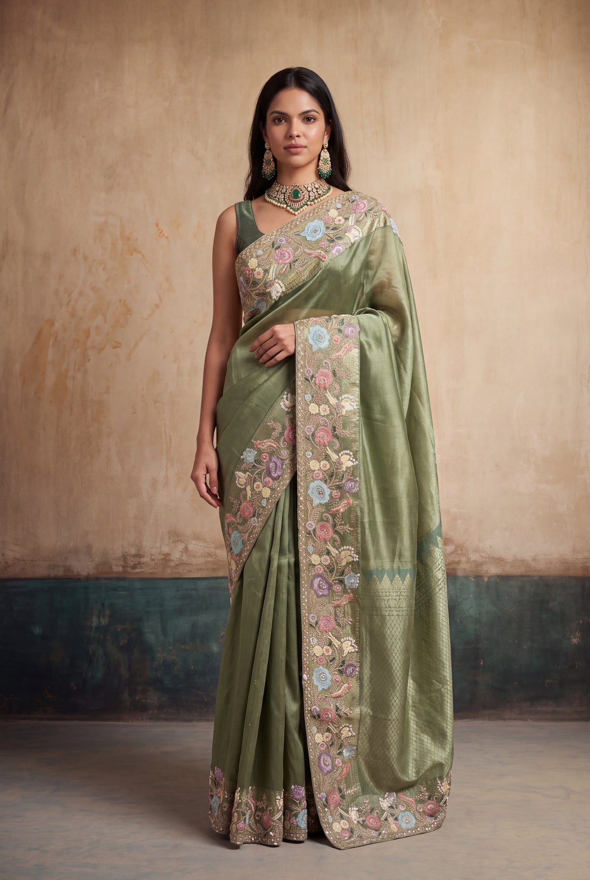 Sage Green Kanchivaram Pattu Silk Saree - Mokshaa