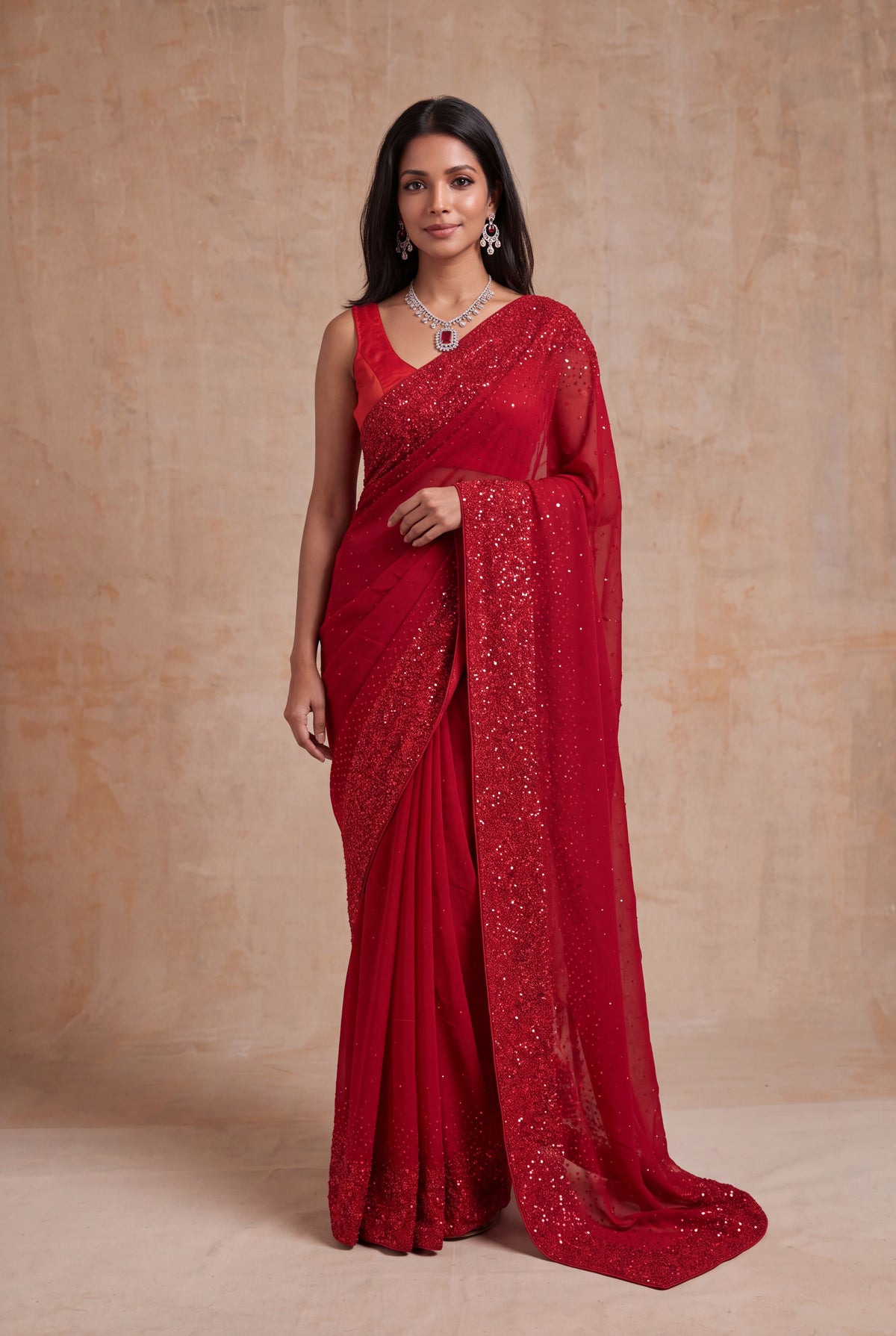 Red Crepe Saree with Sequin Work Border - Mokshaa