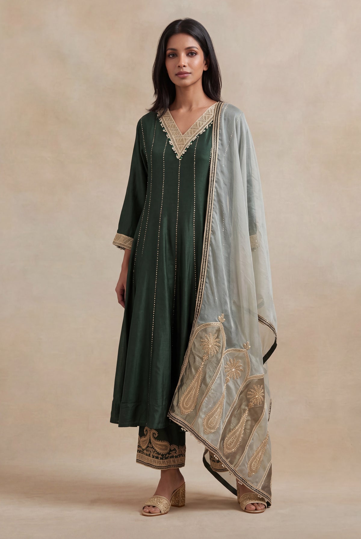 Bottle Green Silk A-Line Salwar Suit with Tissue Dupatta - Mokshaa