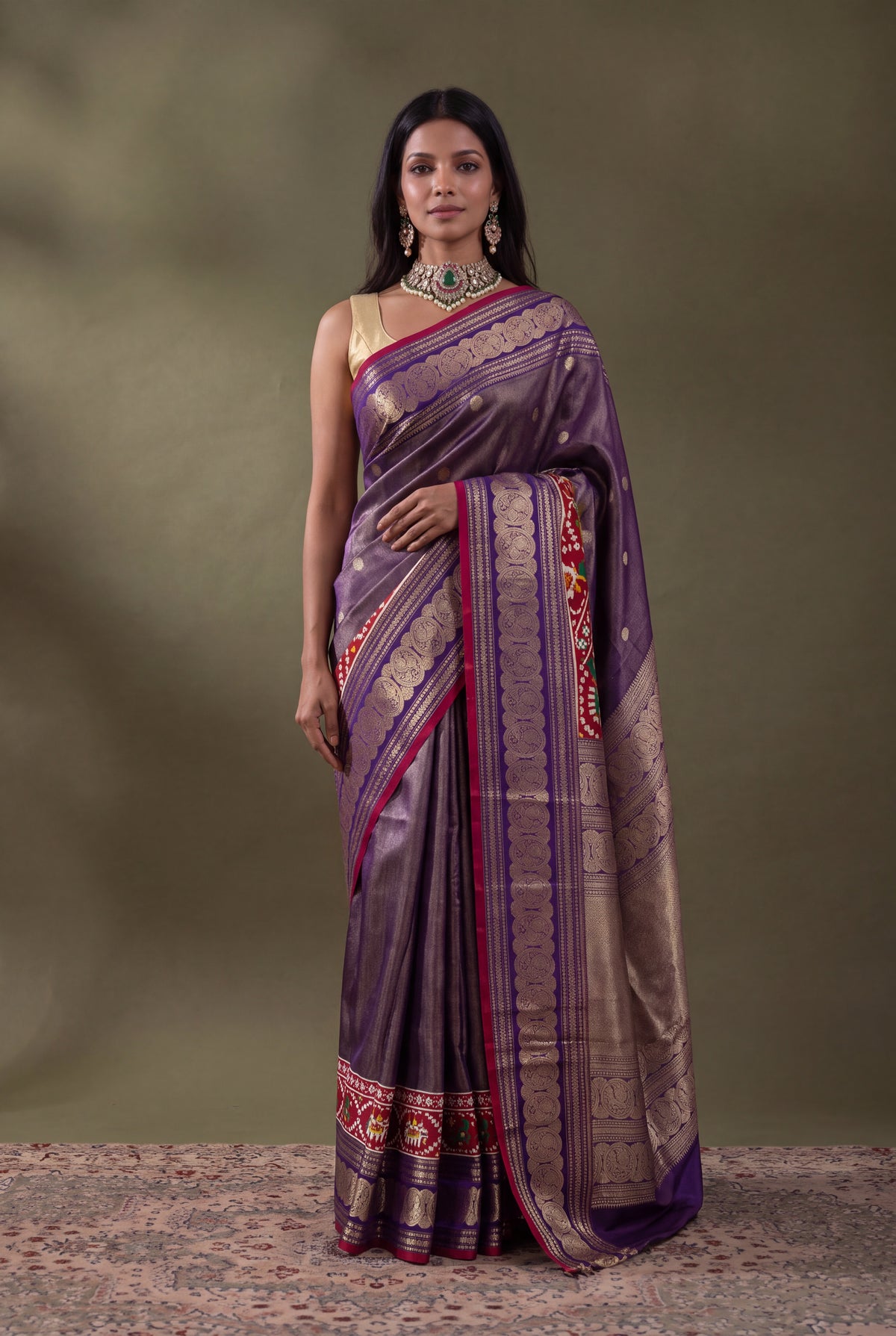 Purple Kanchipuram Silk Fusion Saree with Patan Patola Border - Mokshaa