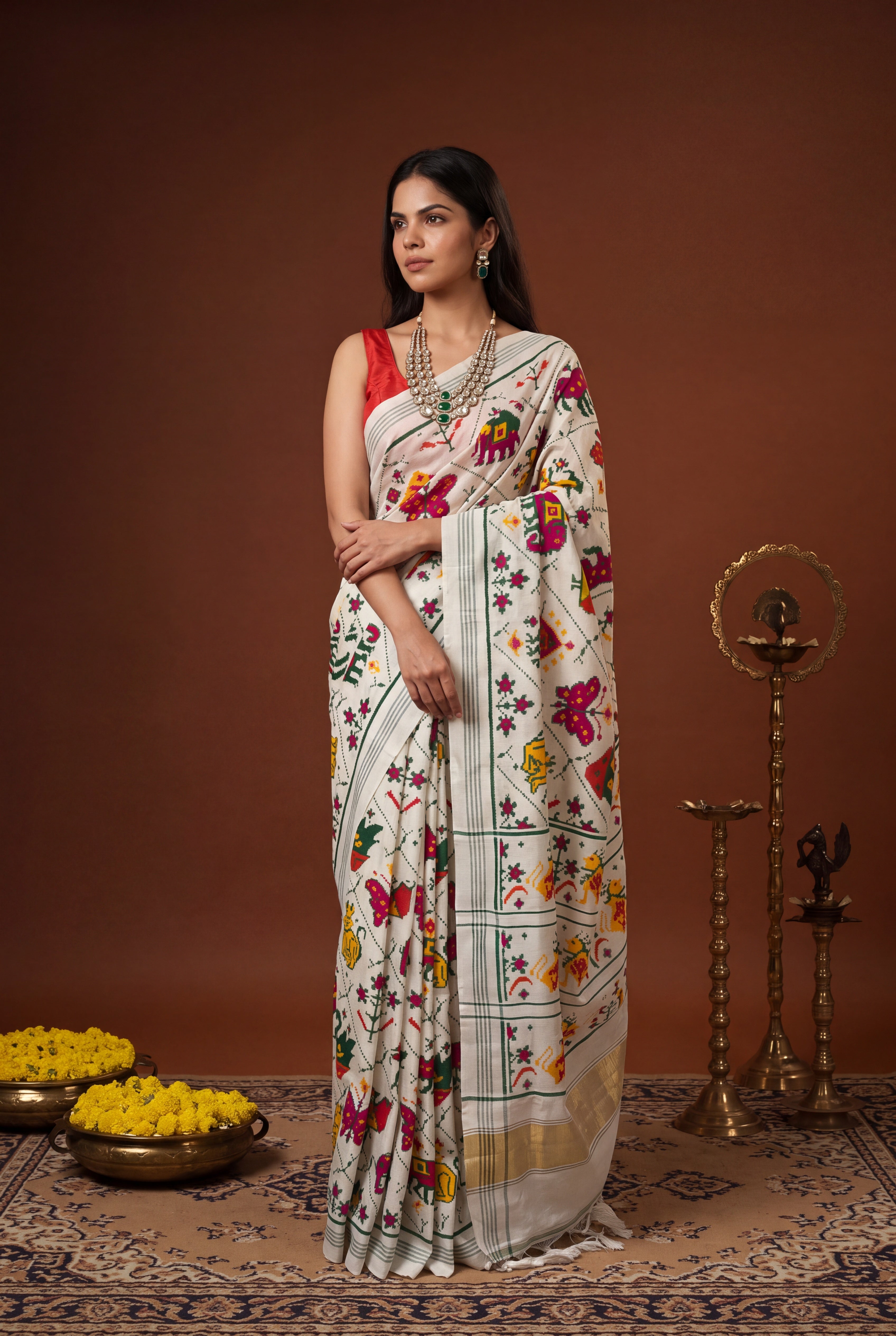 Off White Pattan Patola Silk Saree