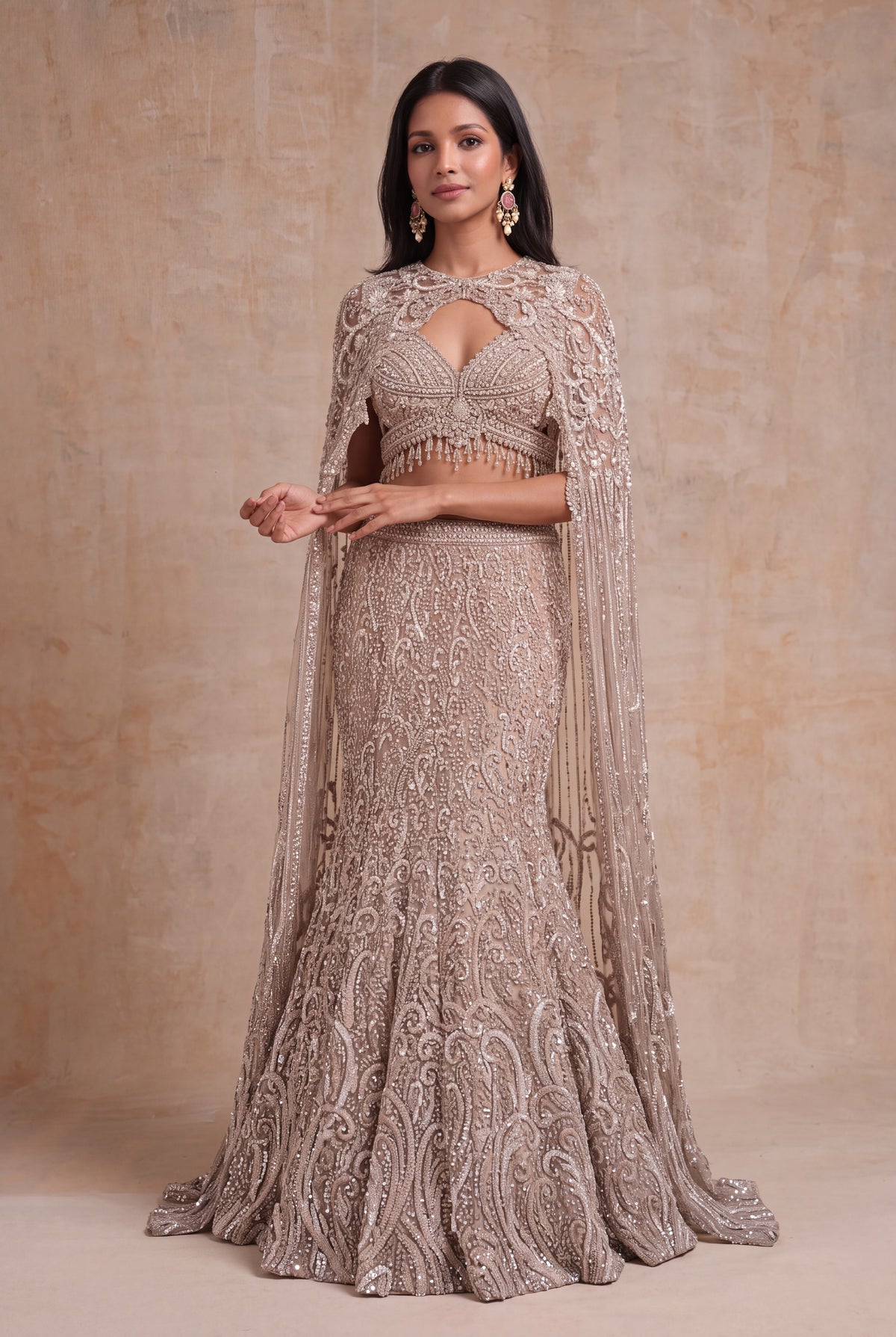 Taupe Net Fish-Cut Lehenga - Mokshaa