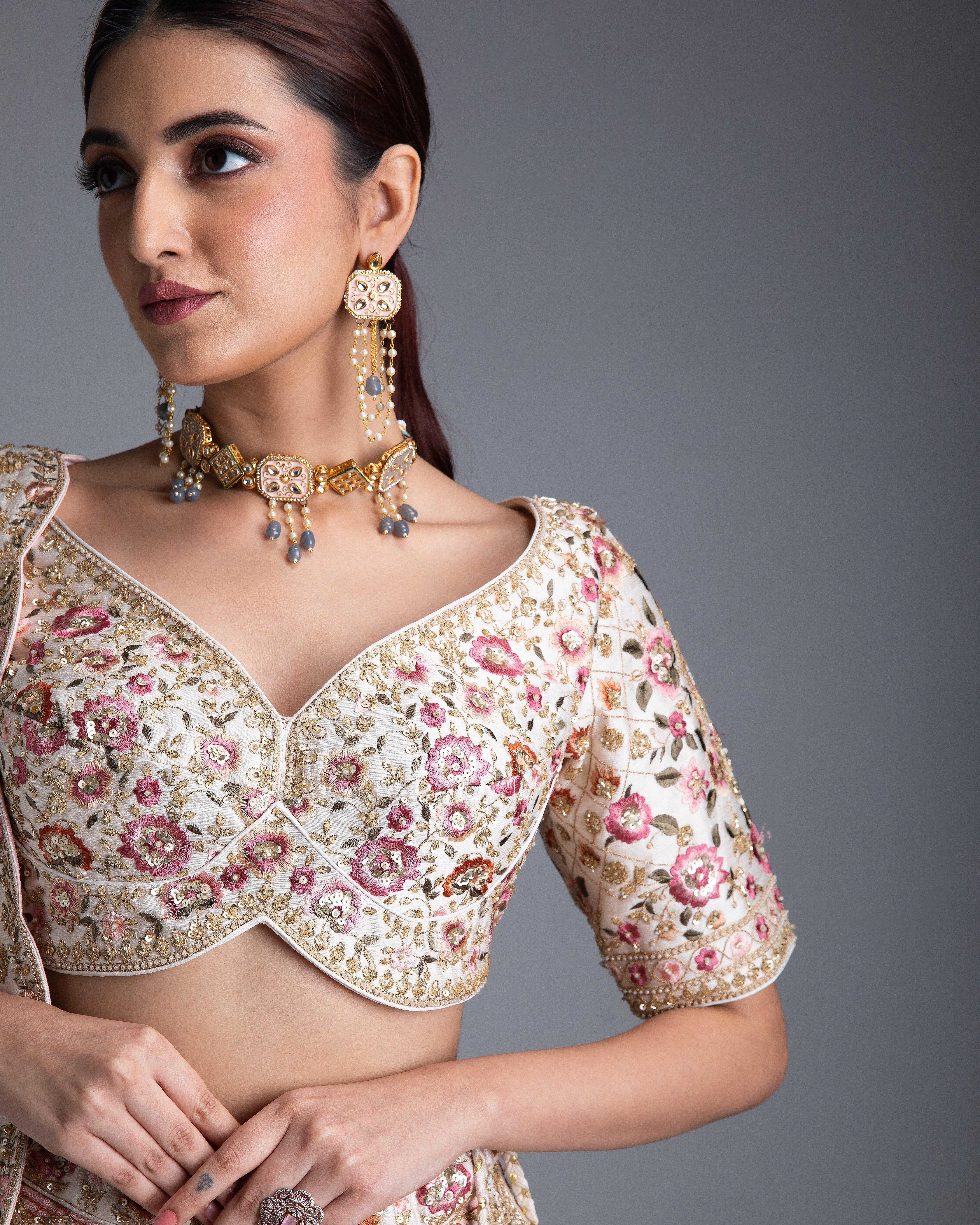 Beige Silk Lehenga With Gold Accents And Blush Pink Dupatta - Mokshaa