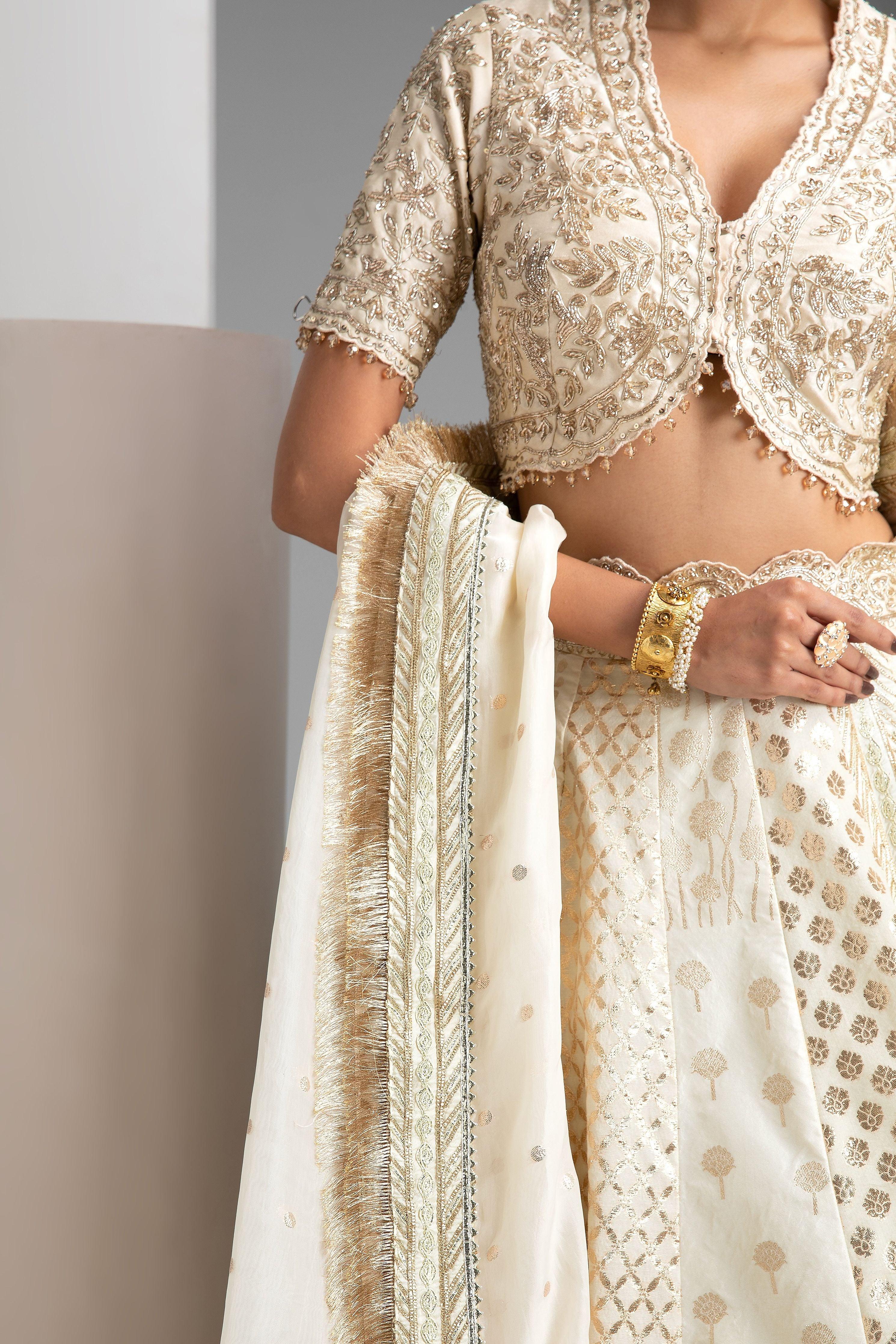 Ivory Banarasi Lehenga Set - Mokshaa