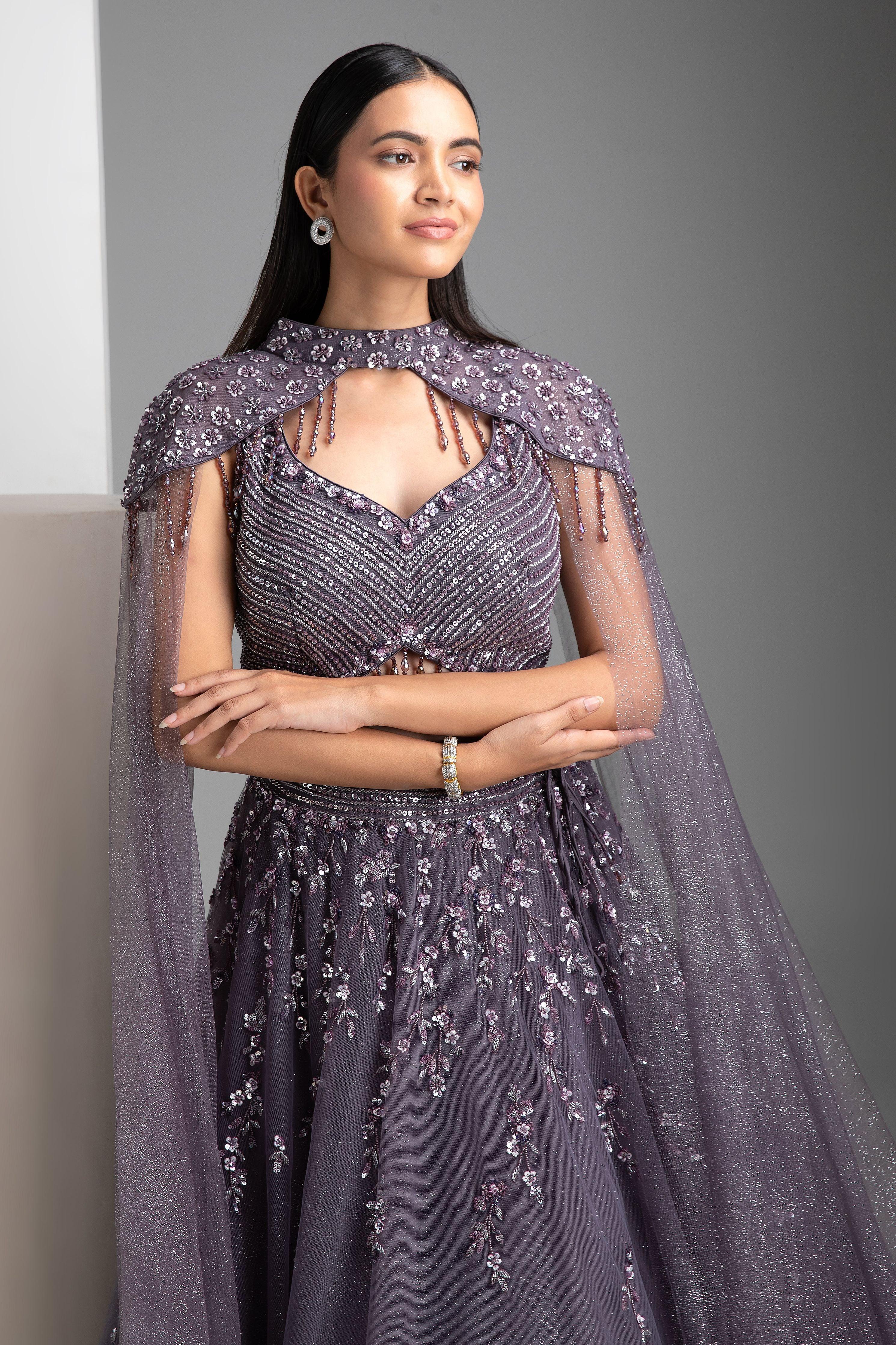 Cloudy Grey Shimmer Lehenga With Cape - Mokshaa