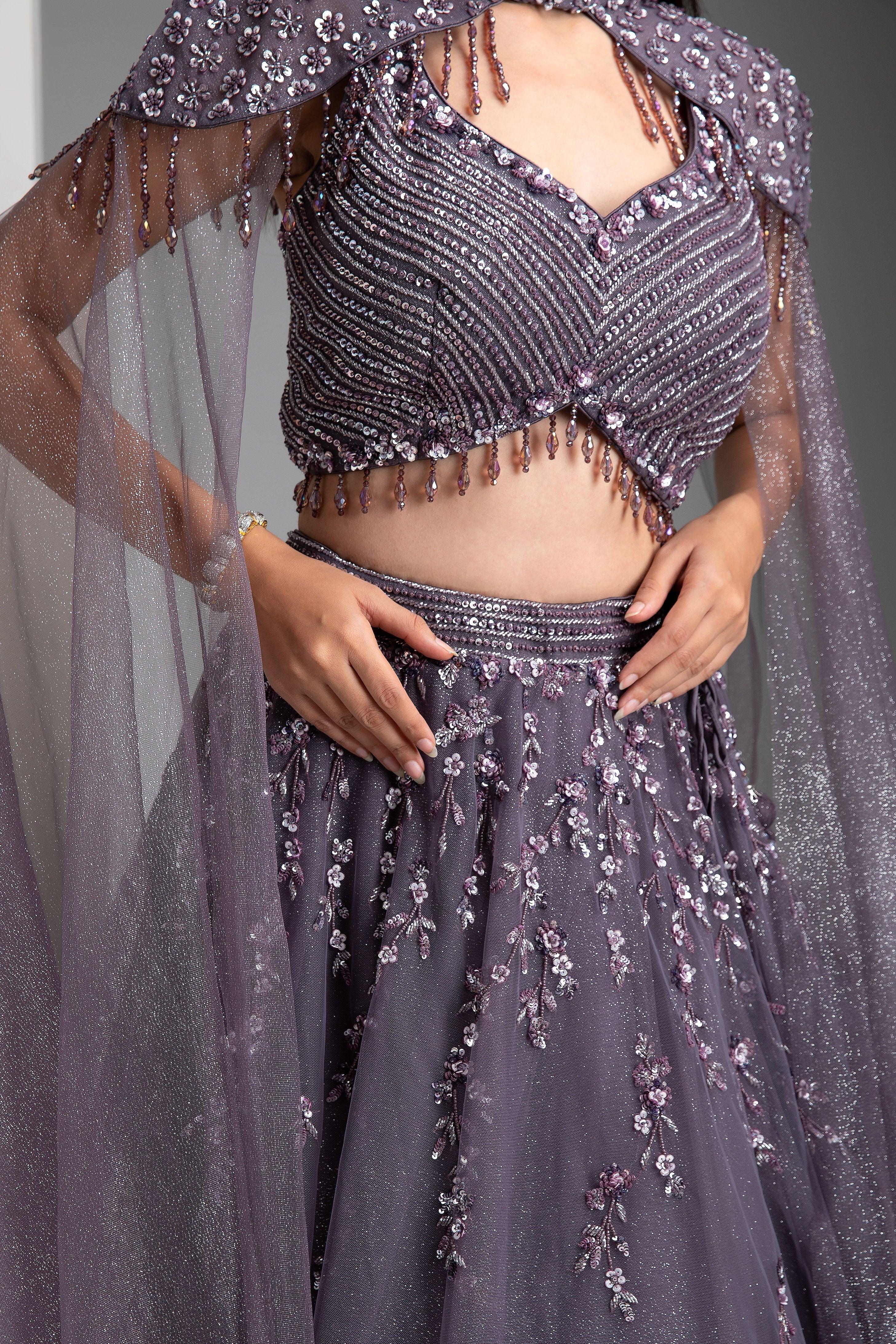 Cloudy Grey Shimmer Lehenga With Cape - Mokshaa