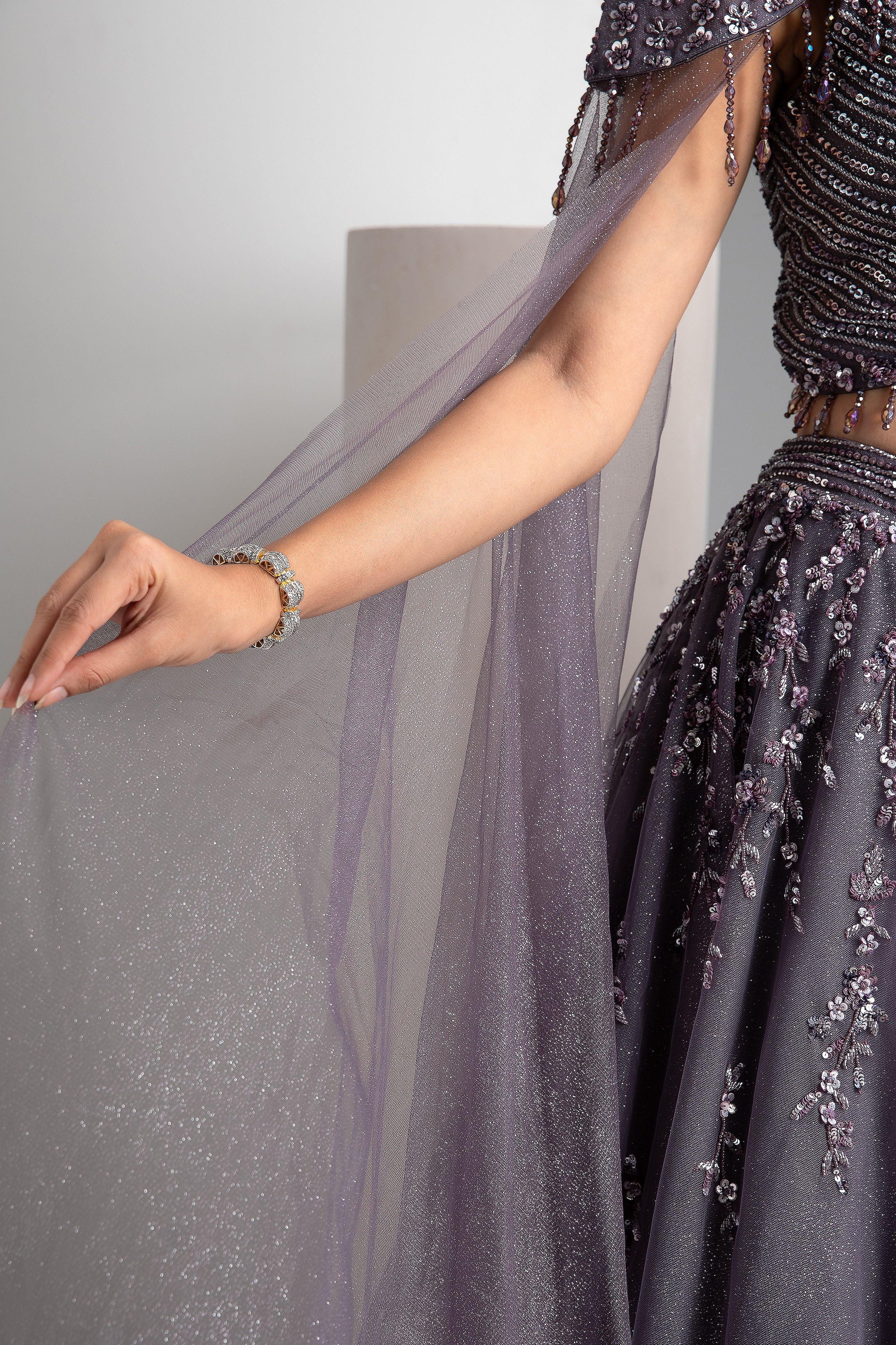 Cloudy Grey Shimmer Lehenga With Cape - Mokshaa