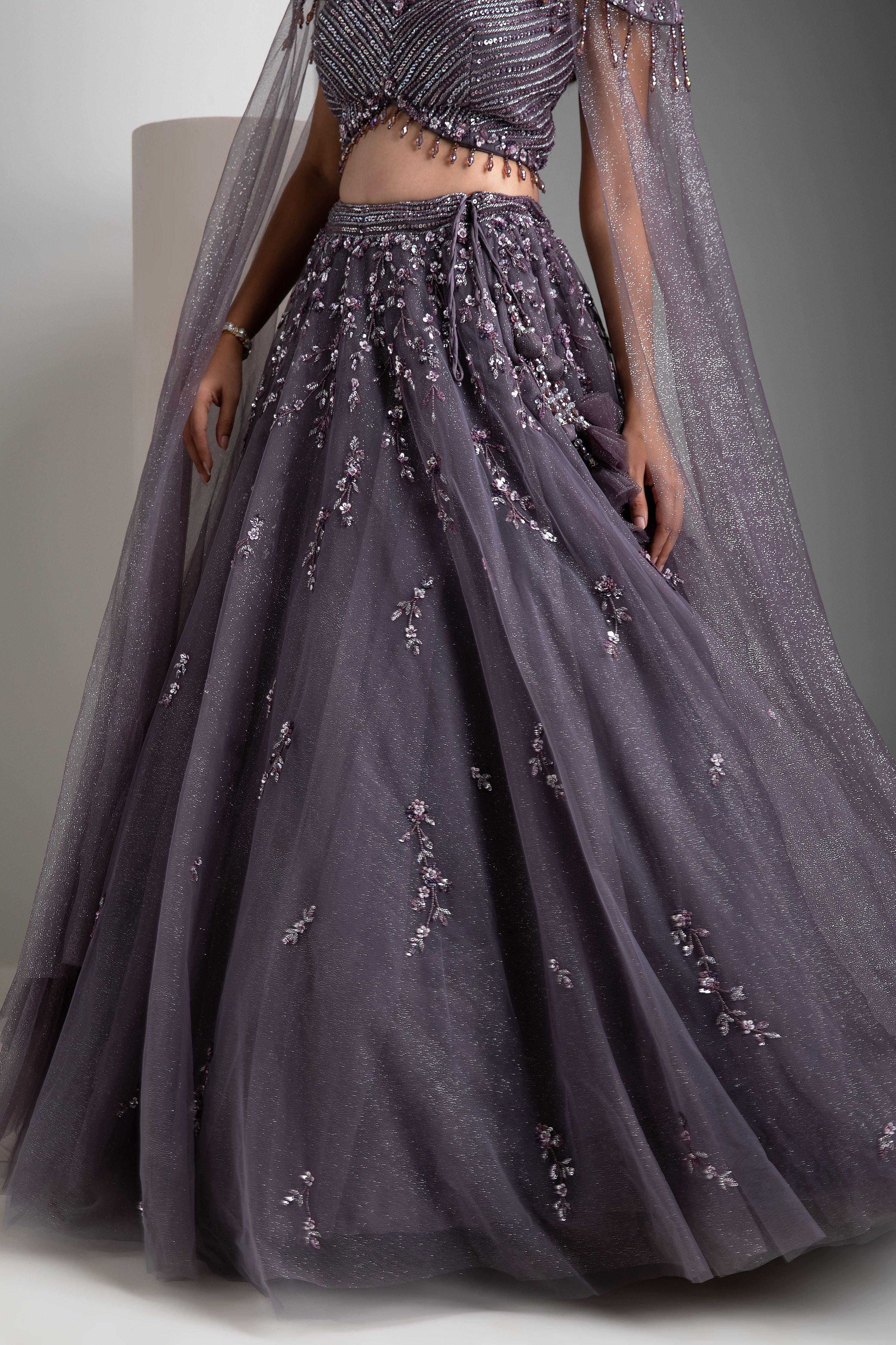 Cloudy Grey Shimmer Lehenga With Cape - Mokshaa