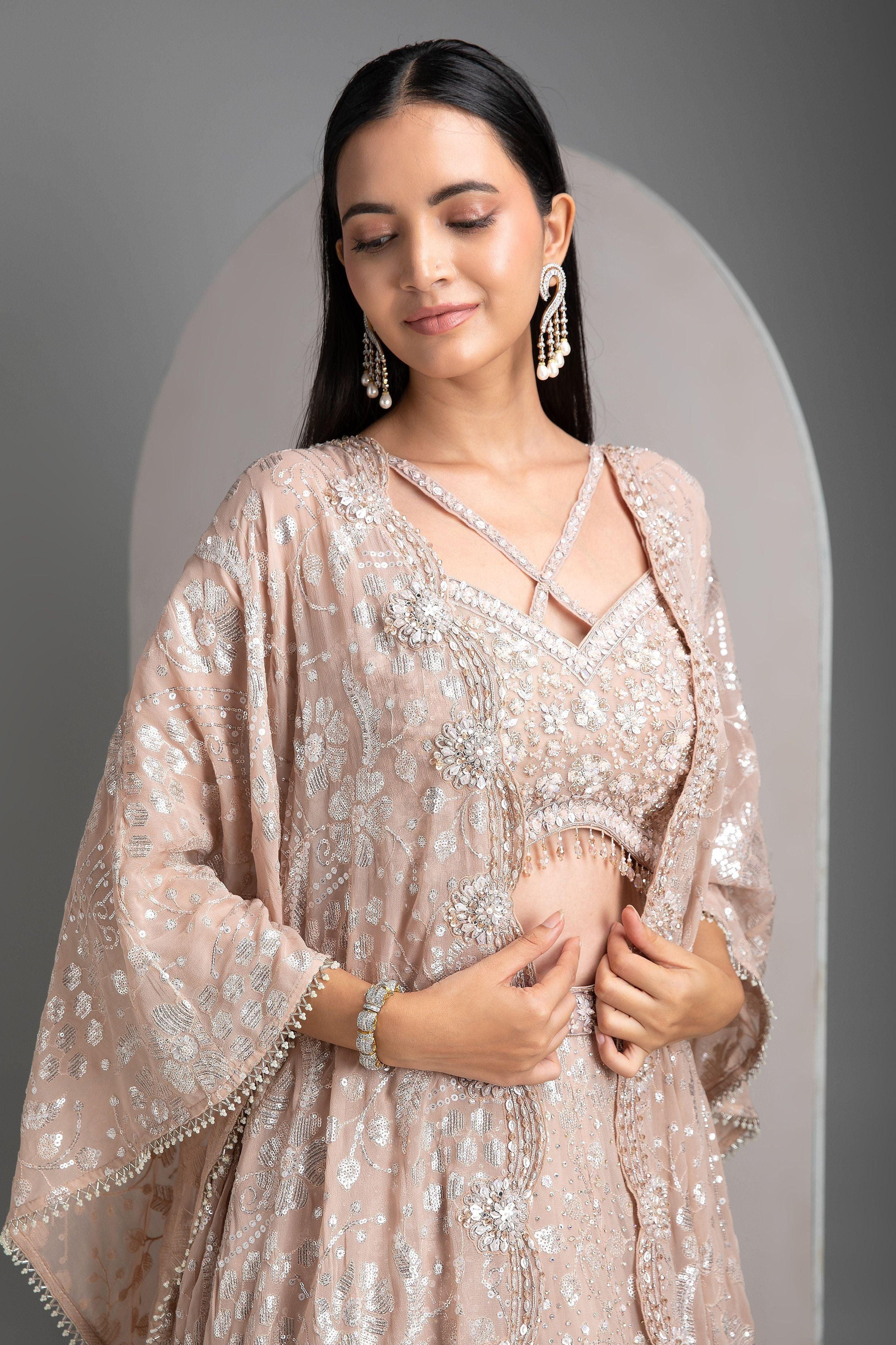 Pale Rose Lehenga With Detachable Cape - Mokshaa