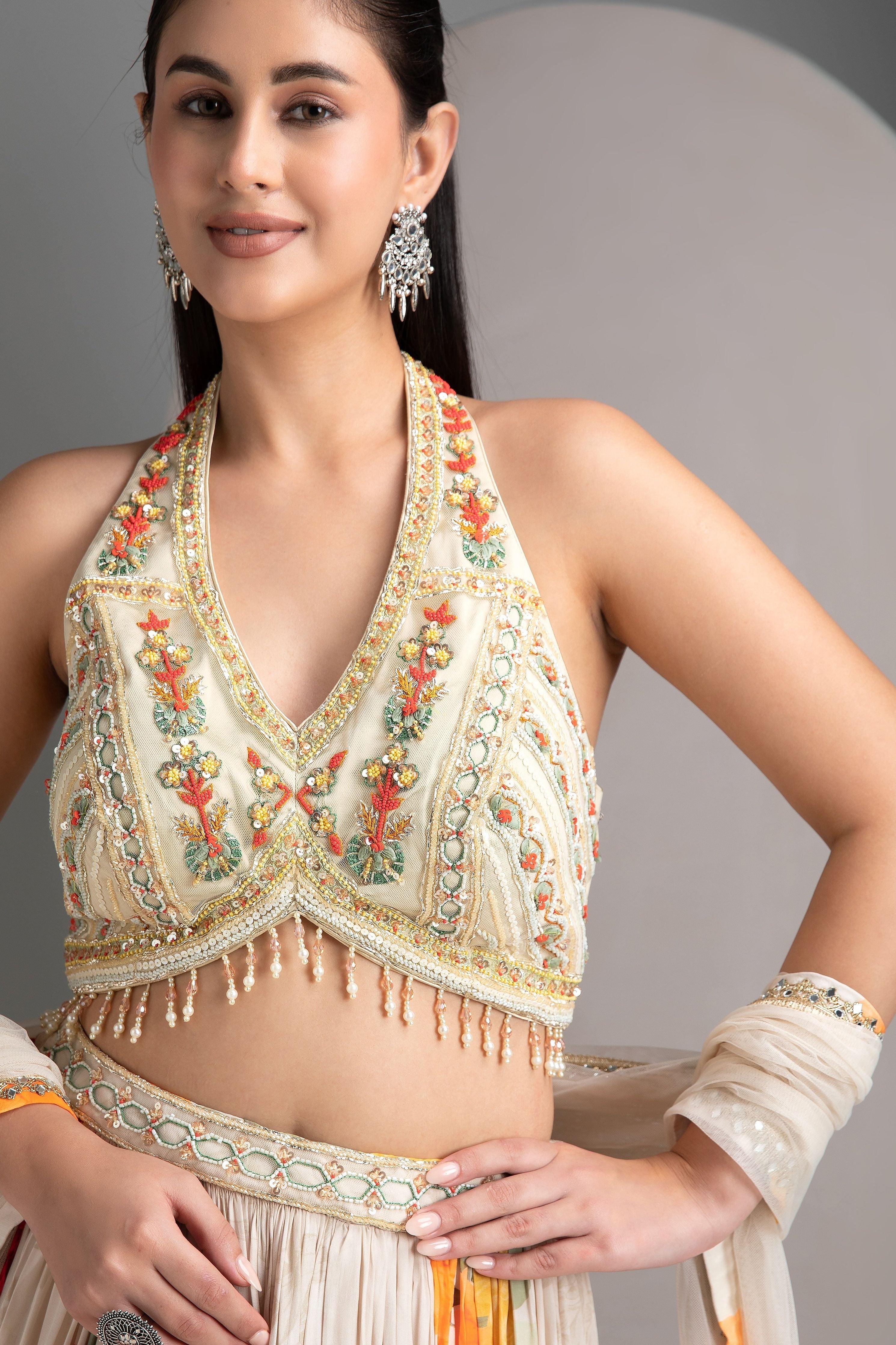 Ivory Floral Lehenga With Embroidered Blouse - Mokshaa