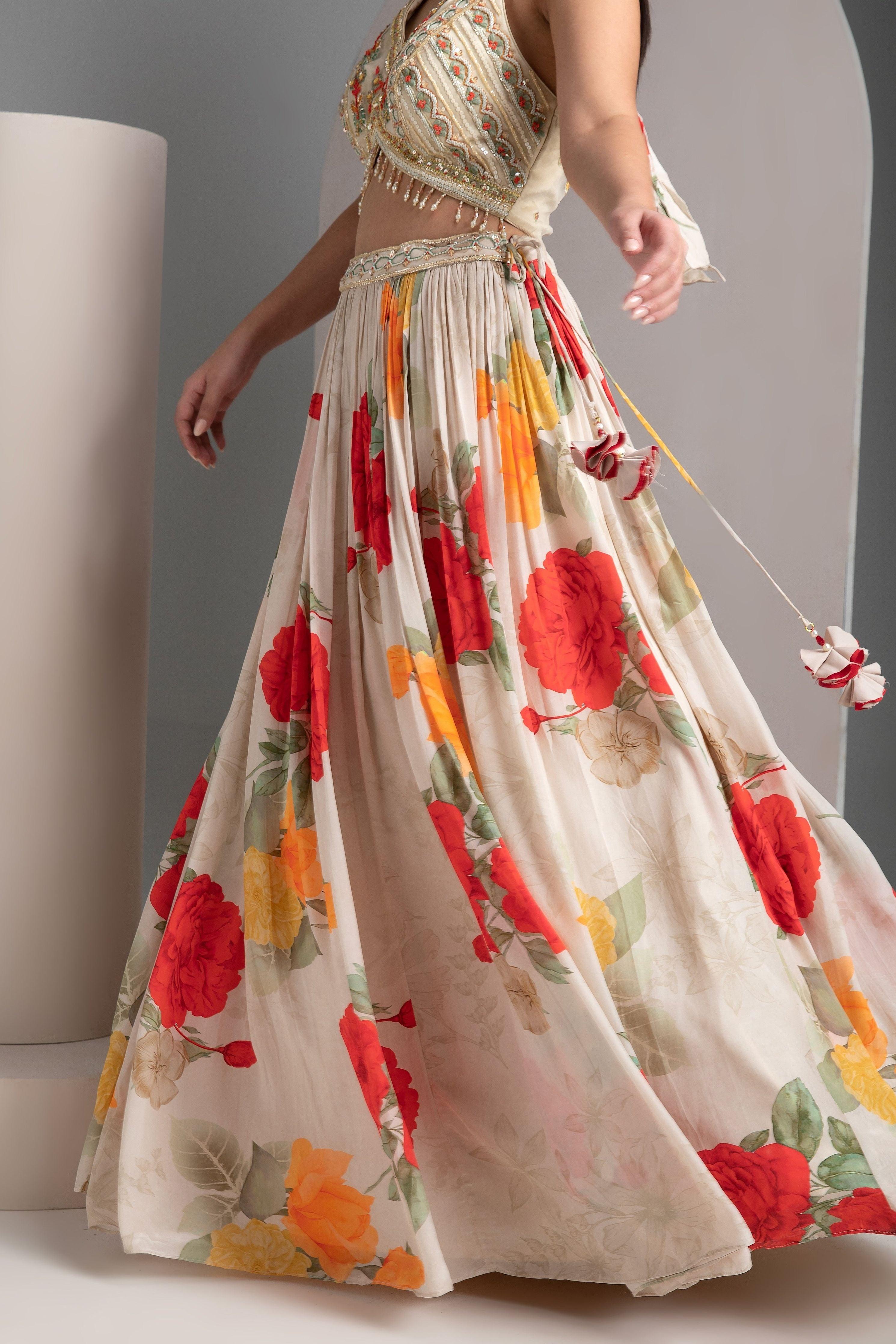 Ivory Floral Lehenga With Embroidered Blouse - Mokshaa