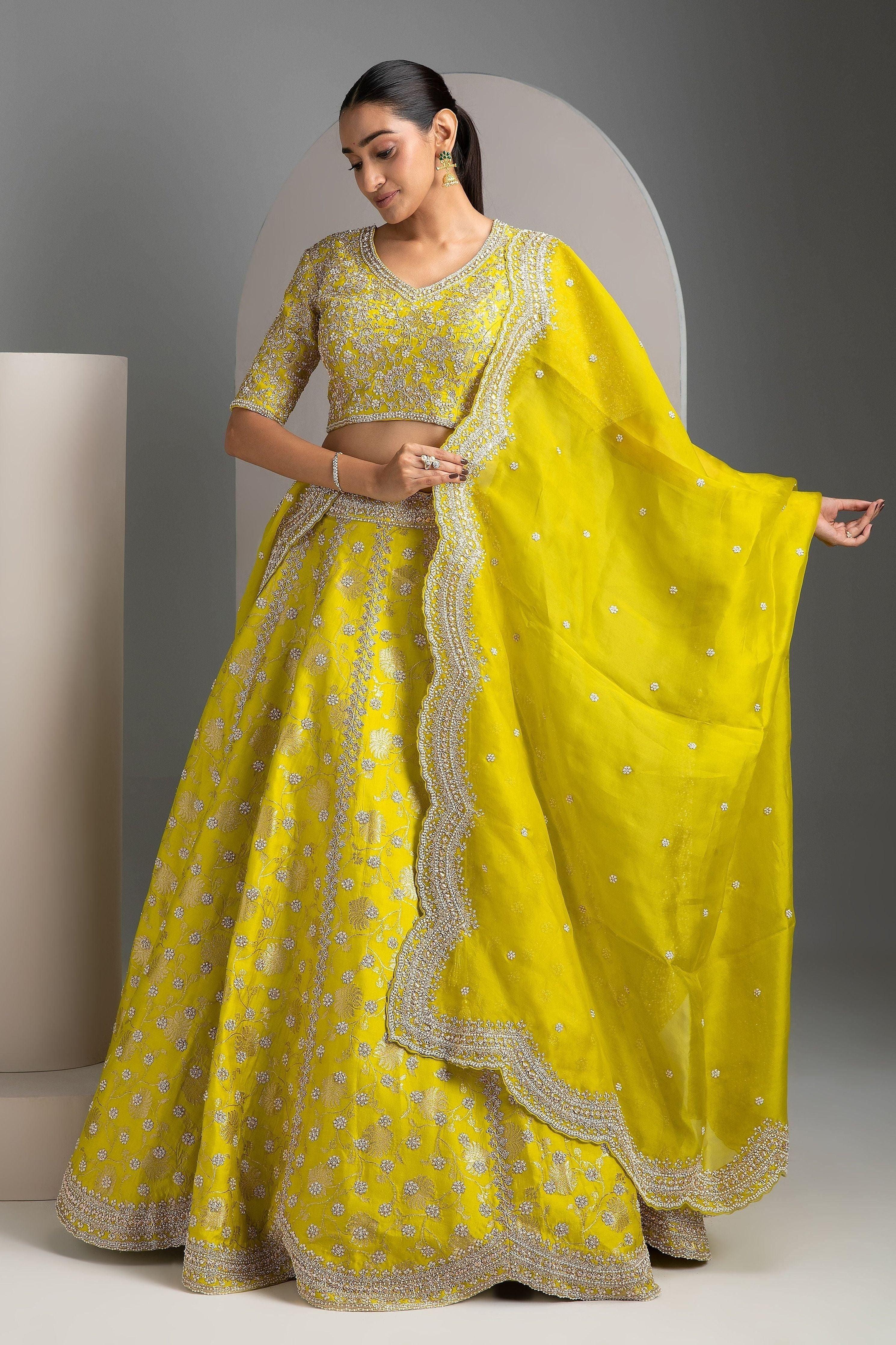 Lime Green Benarasi Lehenga Set - Mokshaa