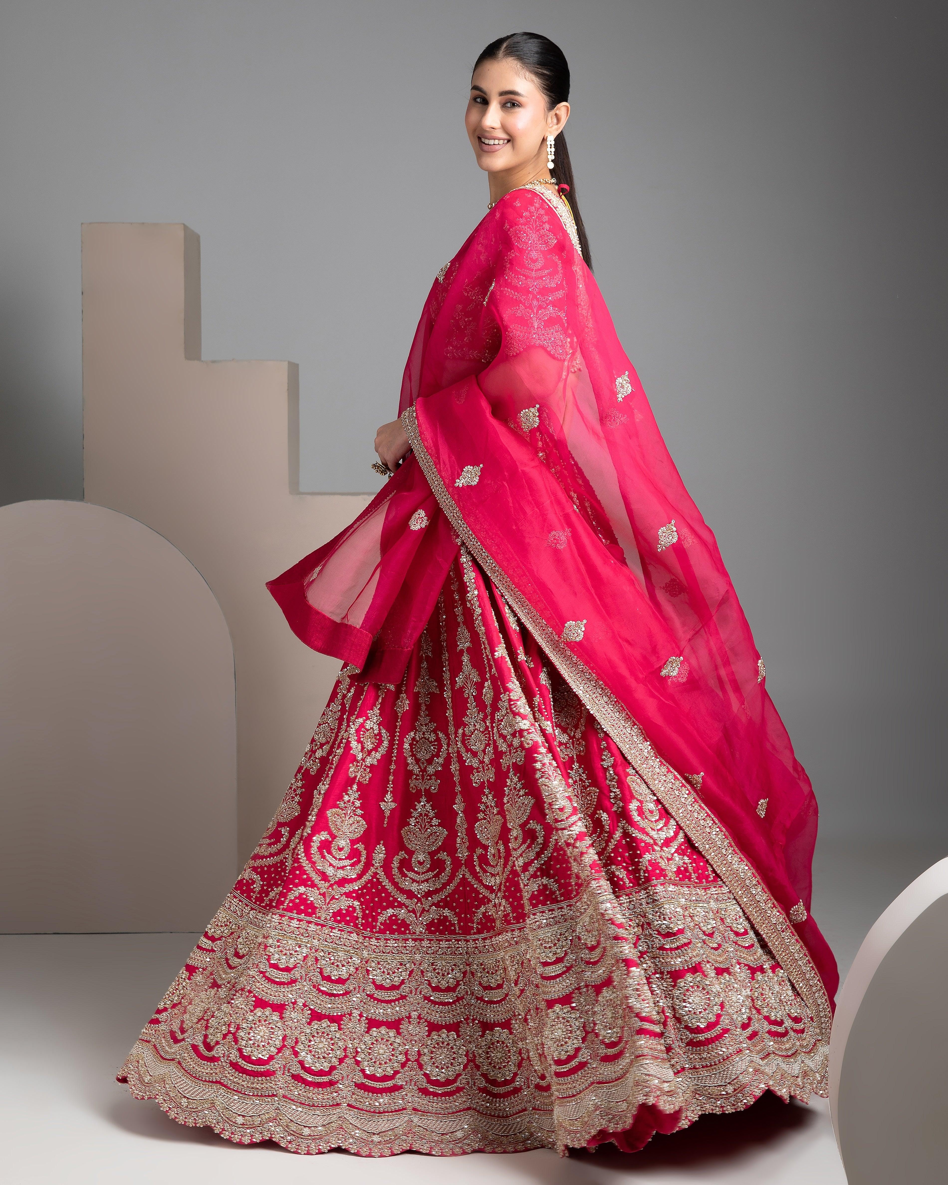 Red Lehenga Set With Double Dupatta - Mokshaa