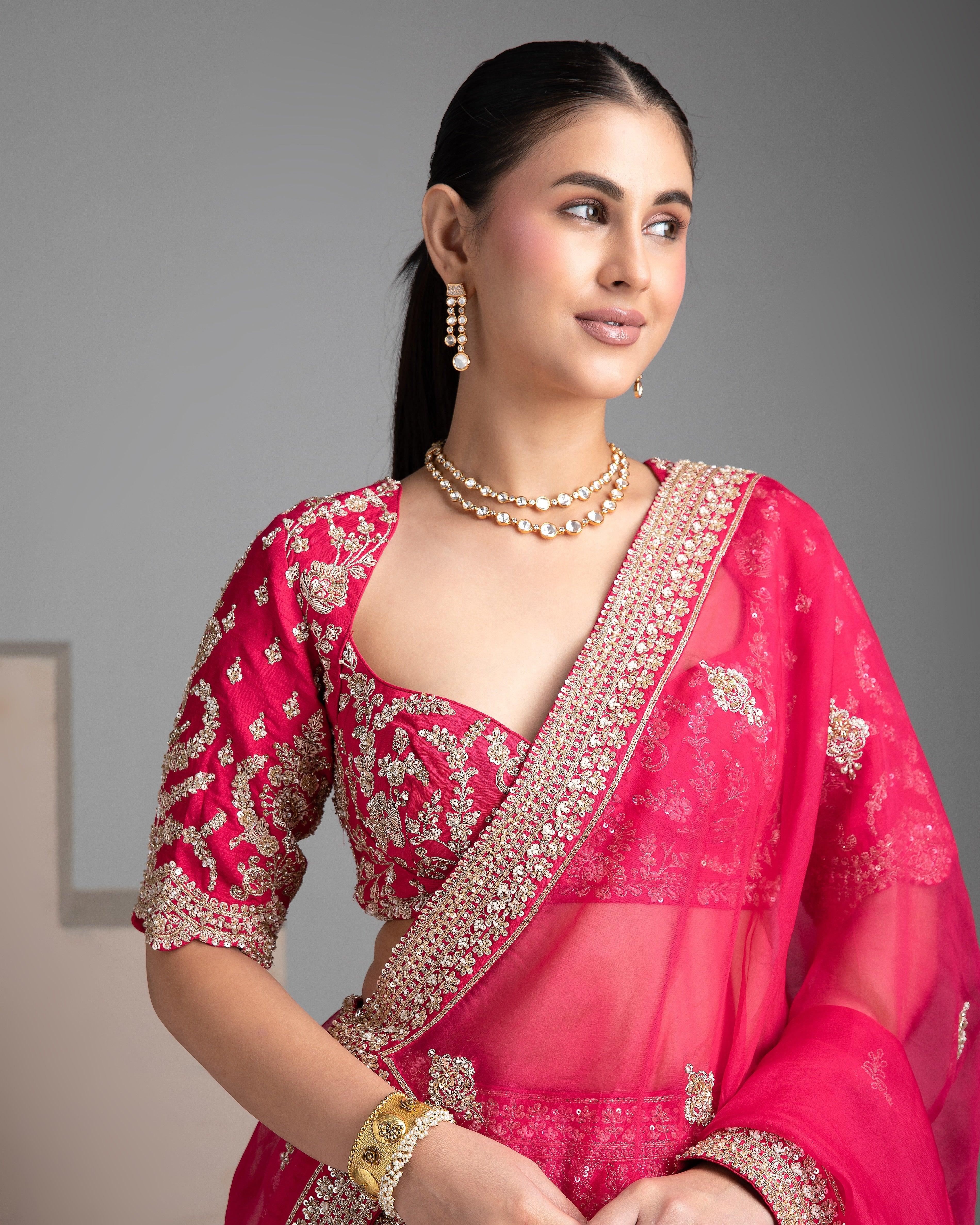 Red Lehenga Set With Double Dupatta - Mokshaa