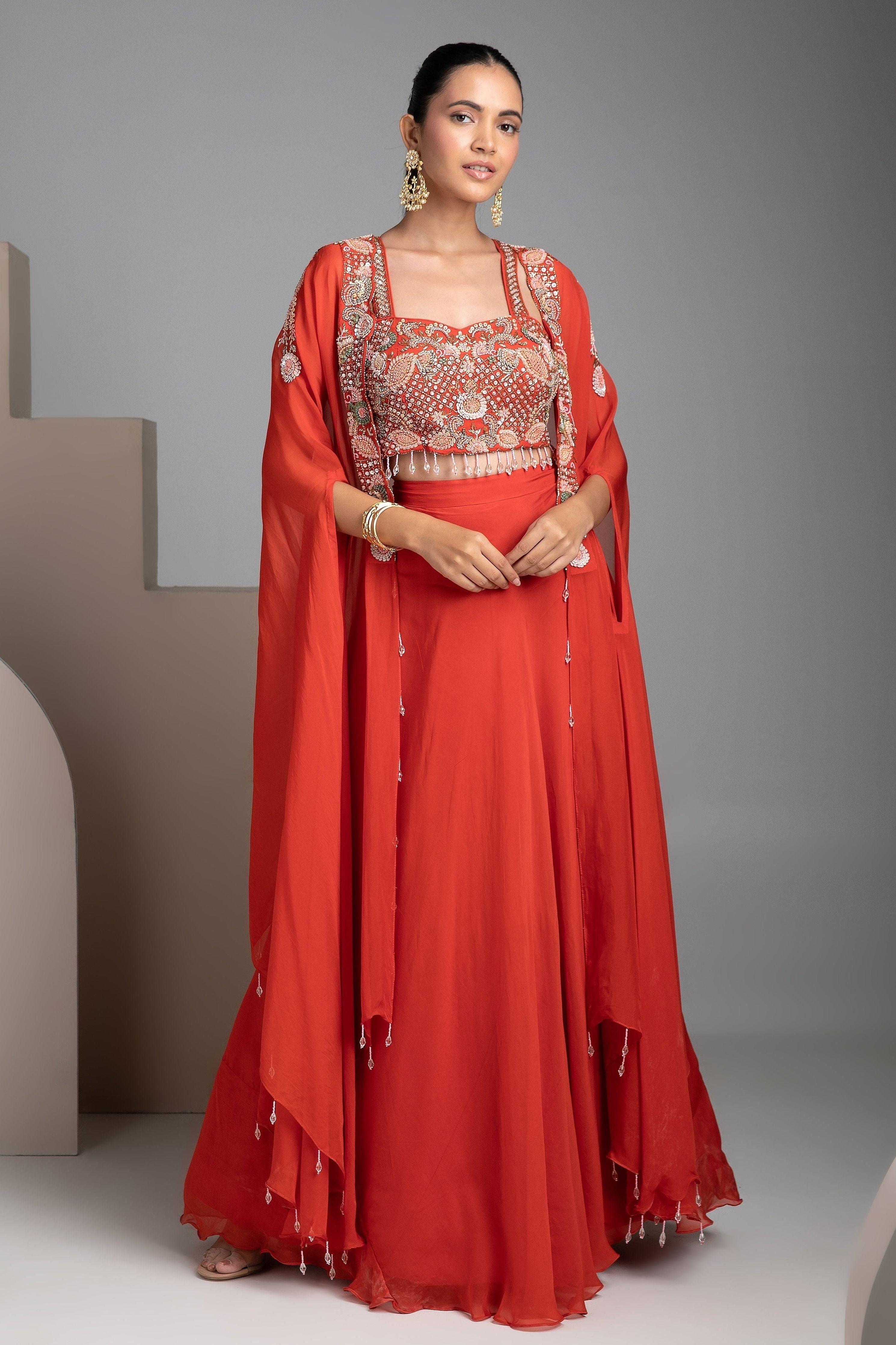 Orange Skirt With Cape - Mokshaa