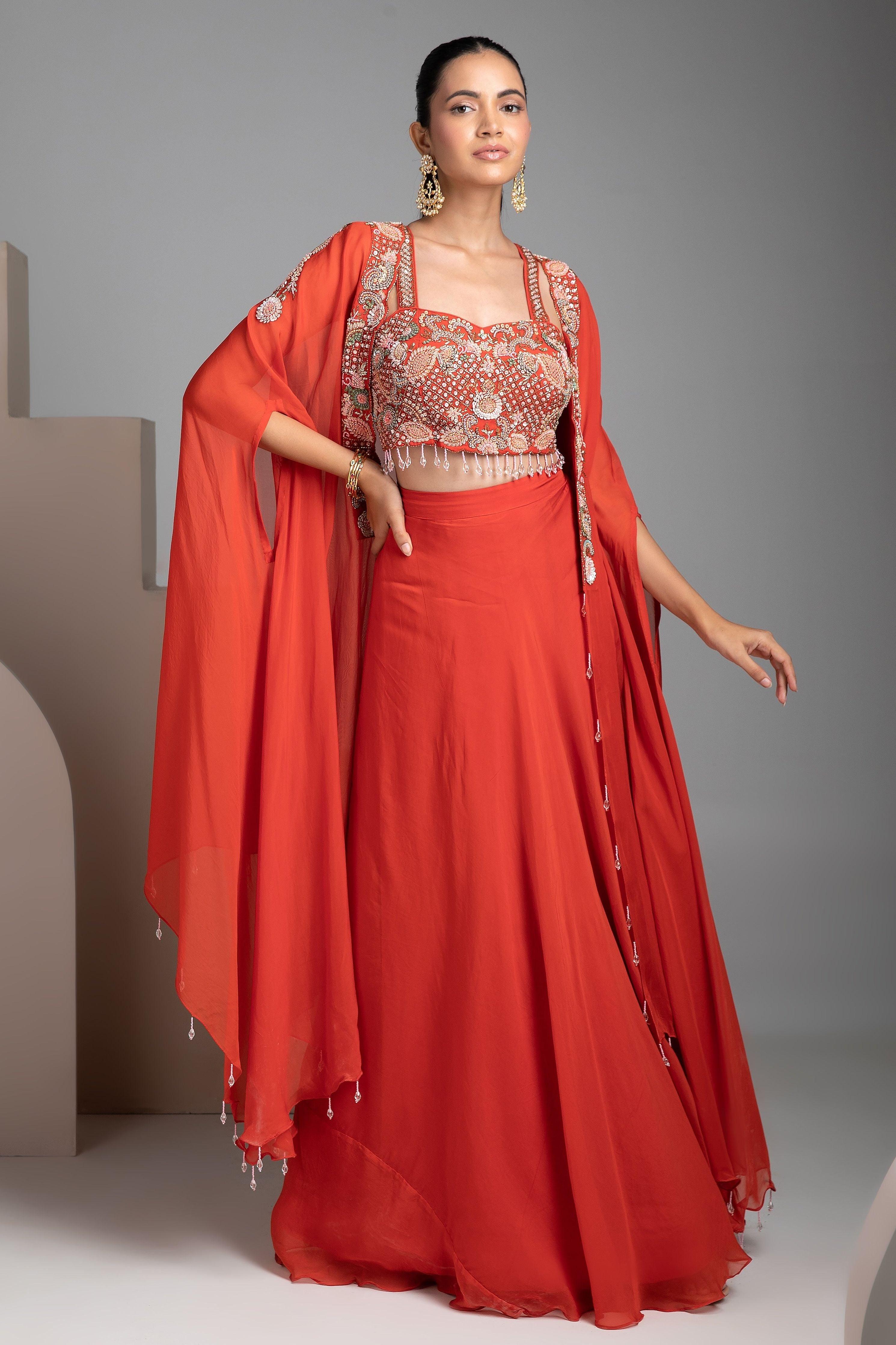 Orange Skirt With Cape - Mokshaa