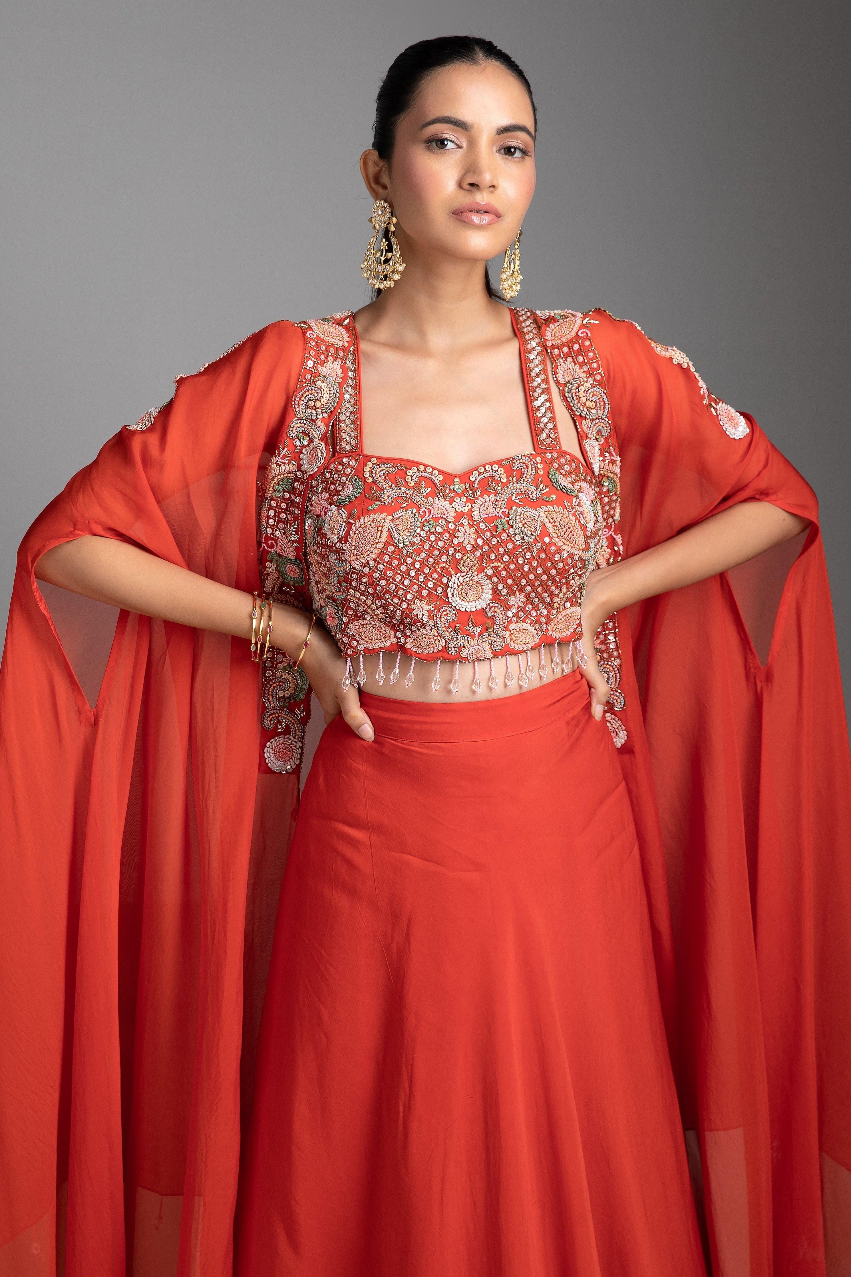 Orange Skirt With Cape - Mokshaa
