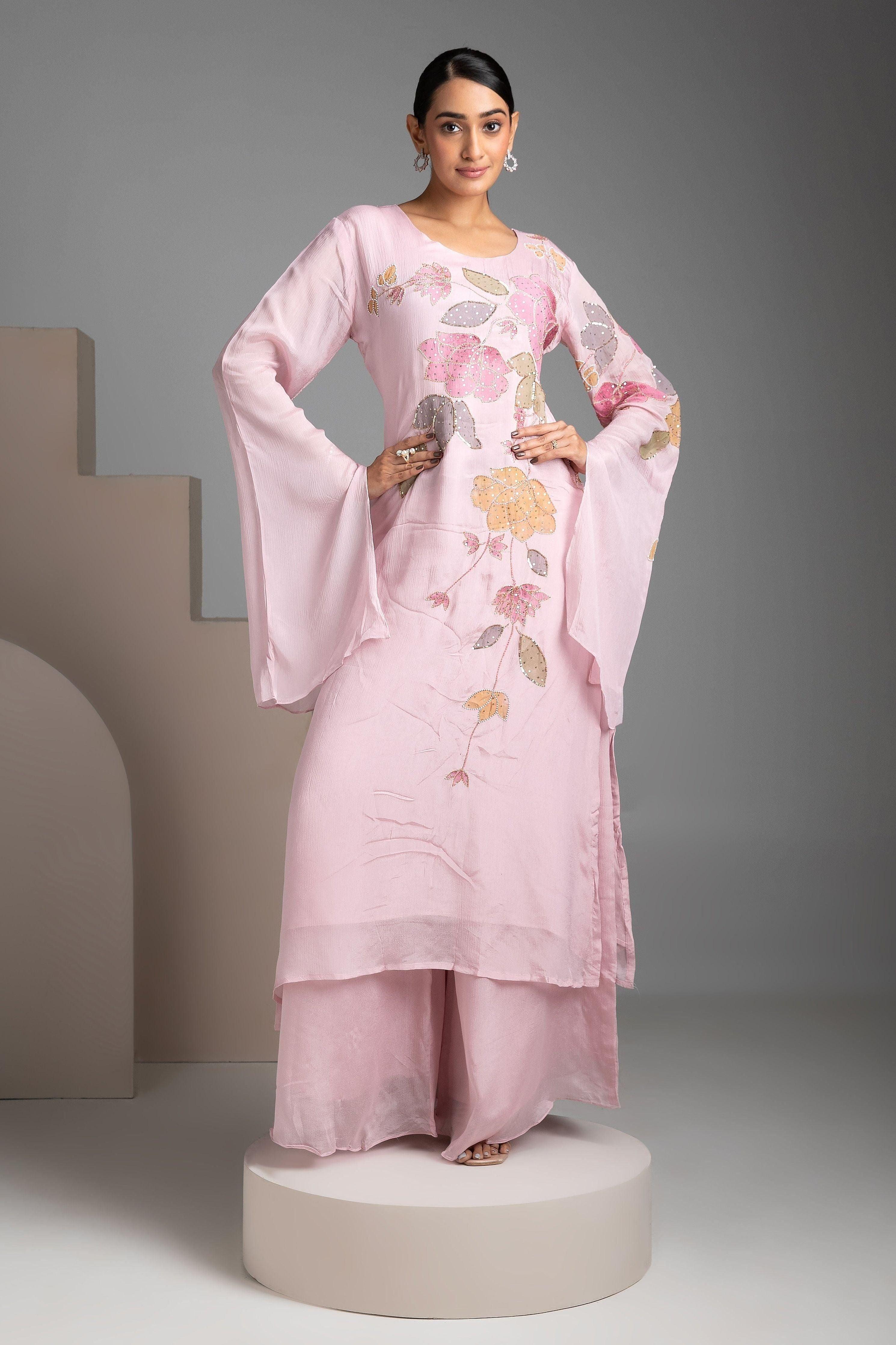 Pink Chinon Kurta And Palazzo Set - Mokshaa