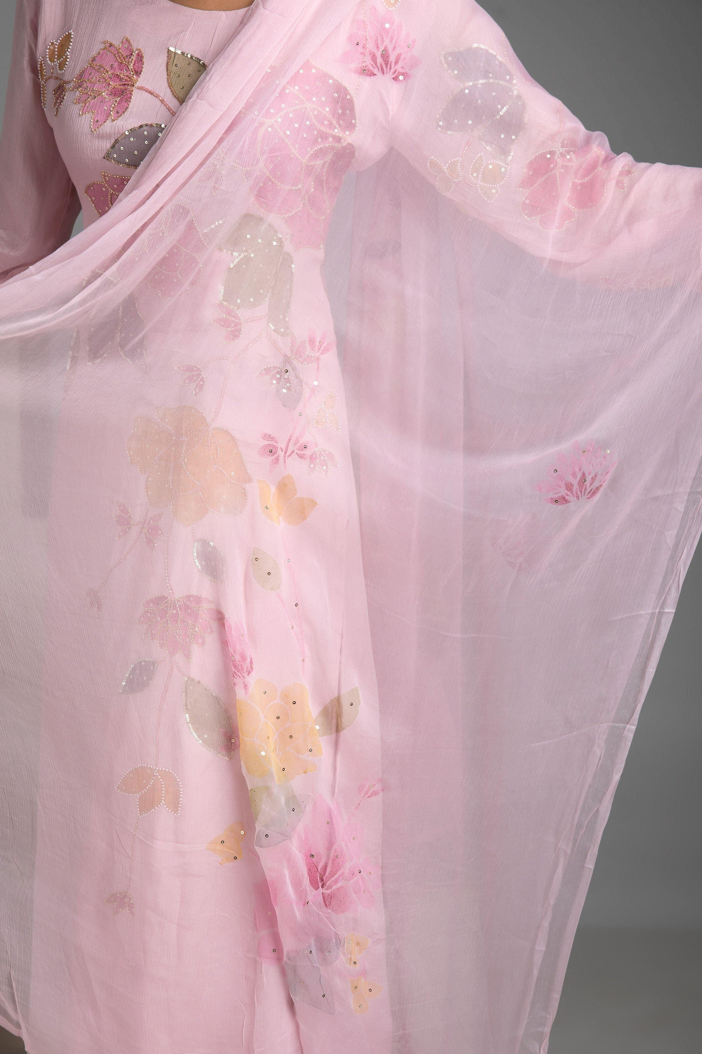 Pink Chinon Kurta And Palazzo Set - Mokshaa
