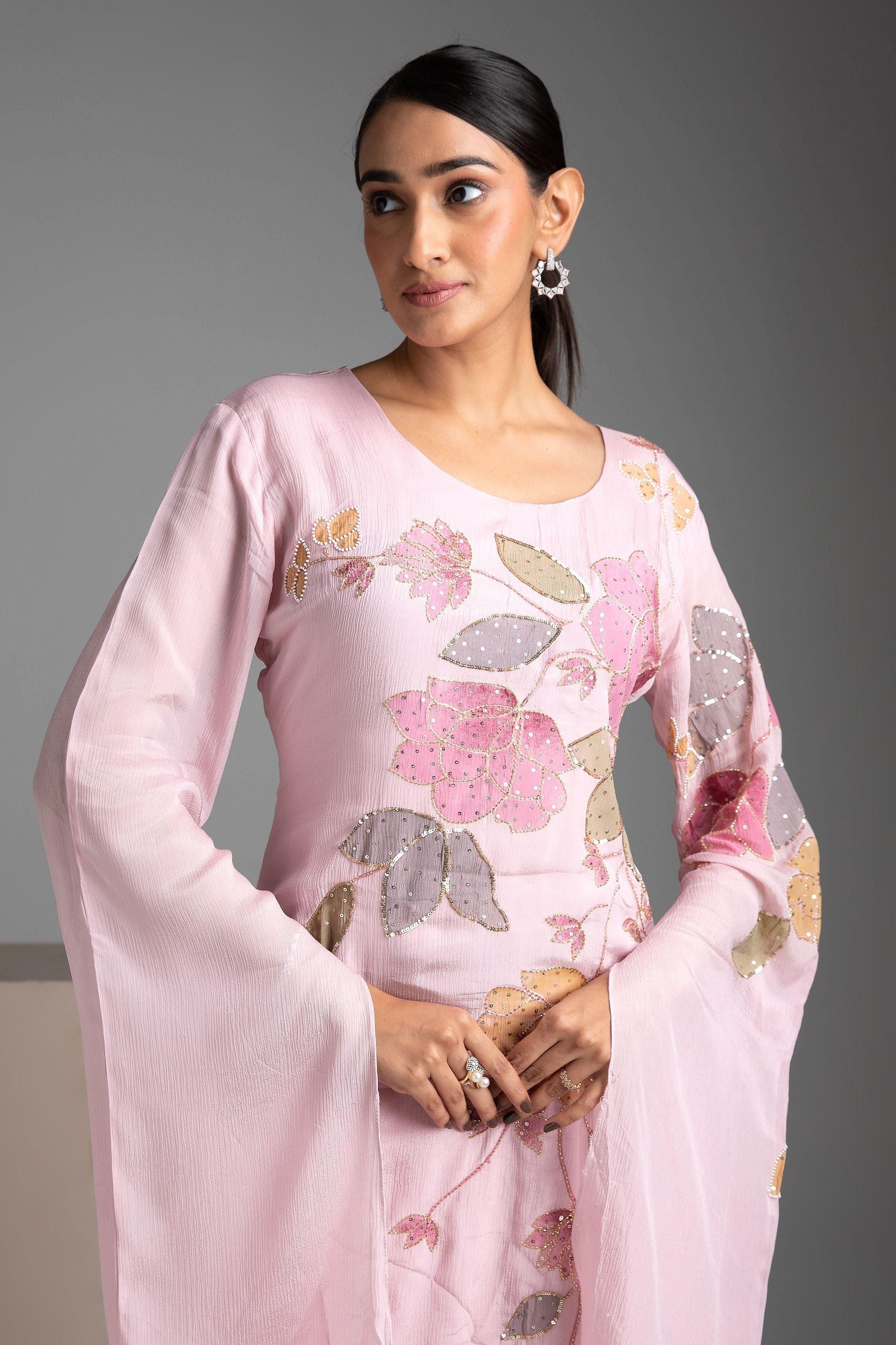 Pink Chinon Kurta And Palazzo Set - Mokshaa