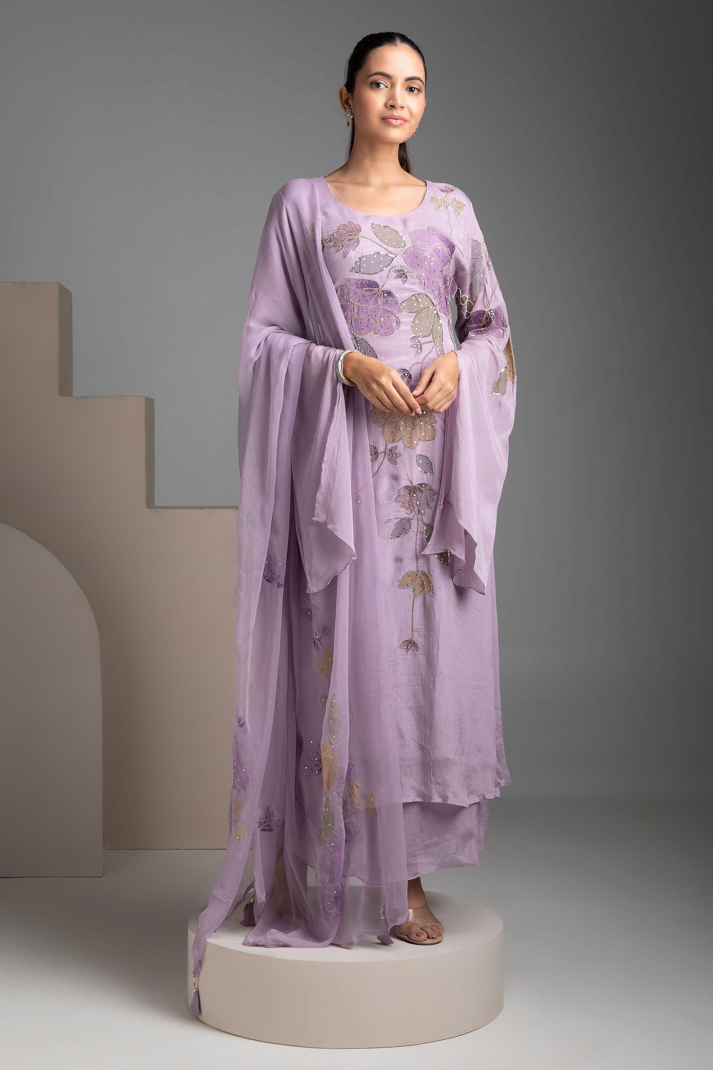 Lilac Chinon Kurta And Palazzo Set - Mokshaa