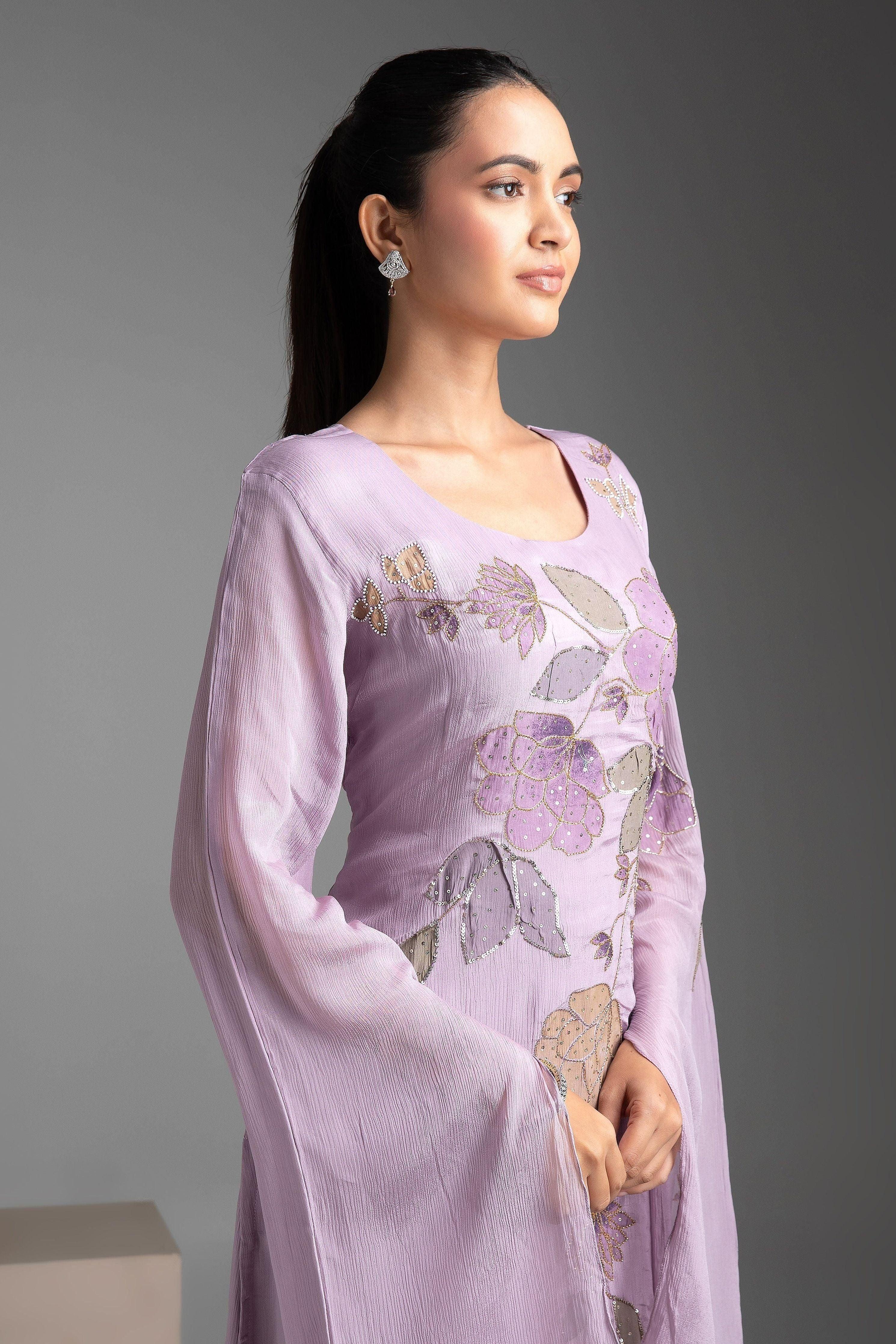Lilac Chinon Kurta And Palazzo Set - Mokshaa
