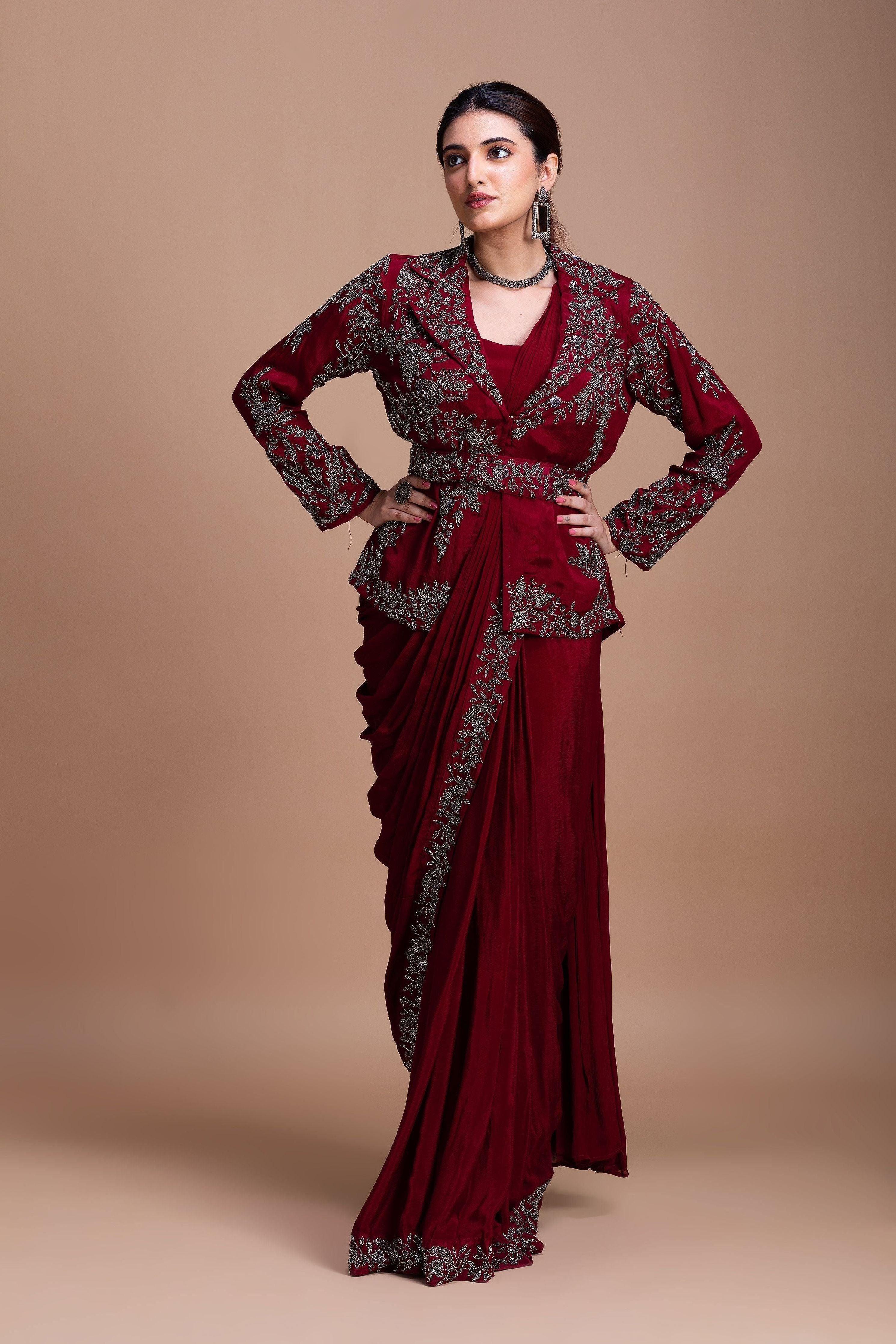 Wine Red Embroidered Blazer-Style Saree Set - Mokshaa
