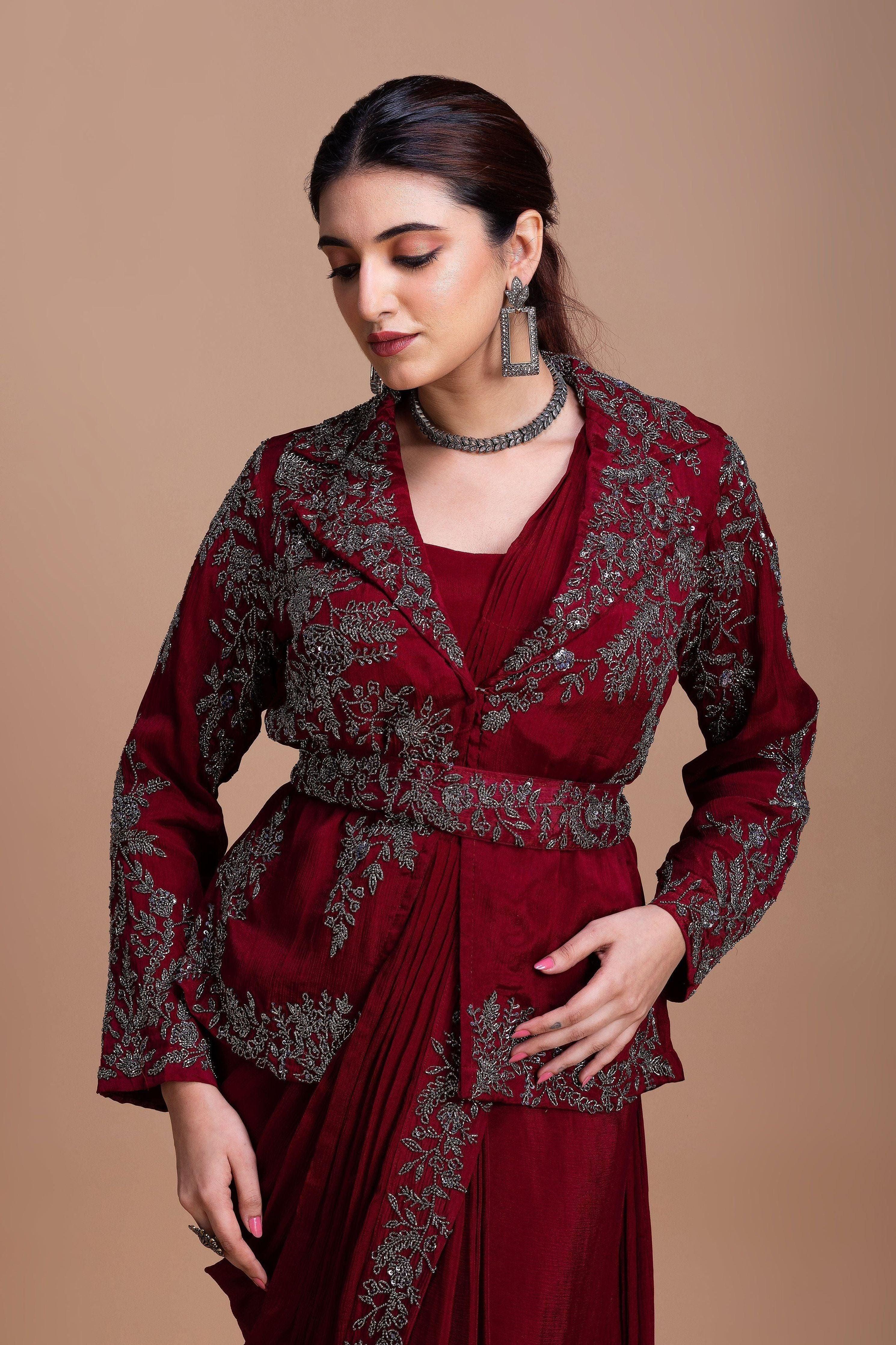 Wine Red Embroidered Blazer-Style Saree Set - Mokshaa