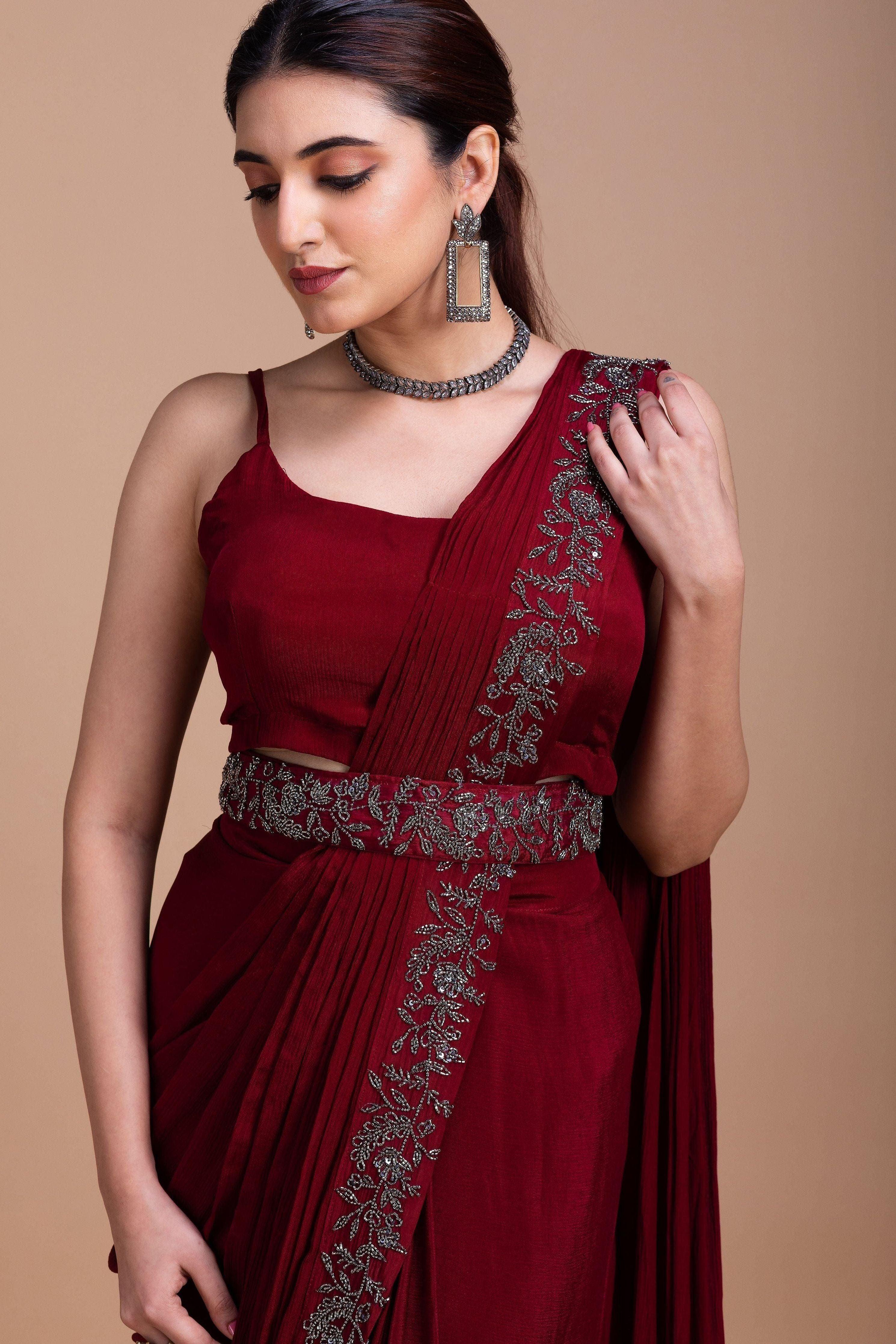 Wine Red Embroidered Blazer-Style Saree Set - Mokshaa