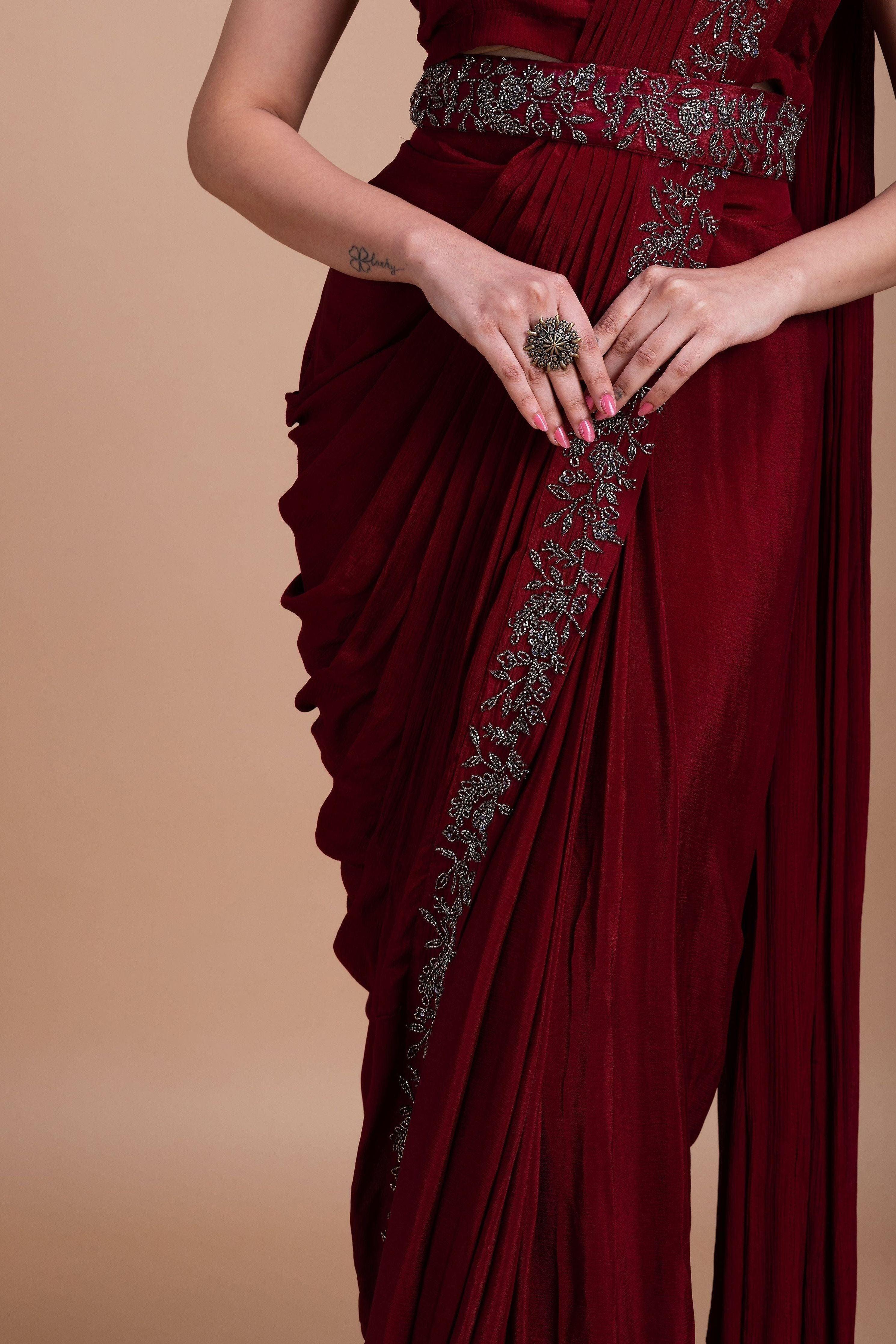 Wine Red Embroidered Blazer-Style Saree Set - Mokshaa