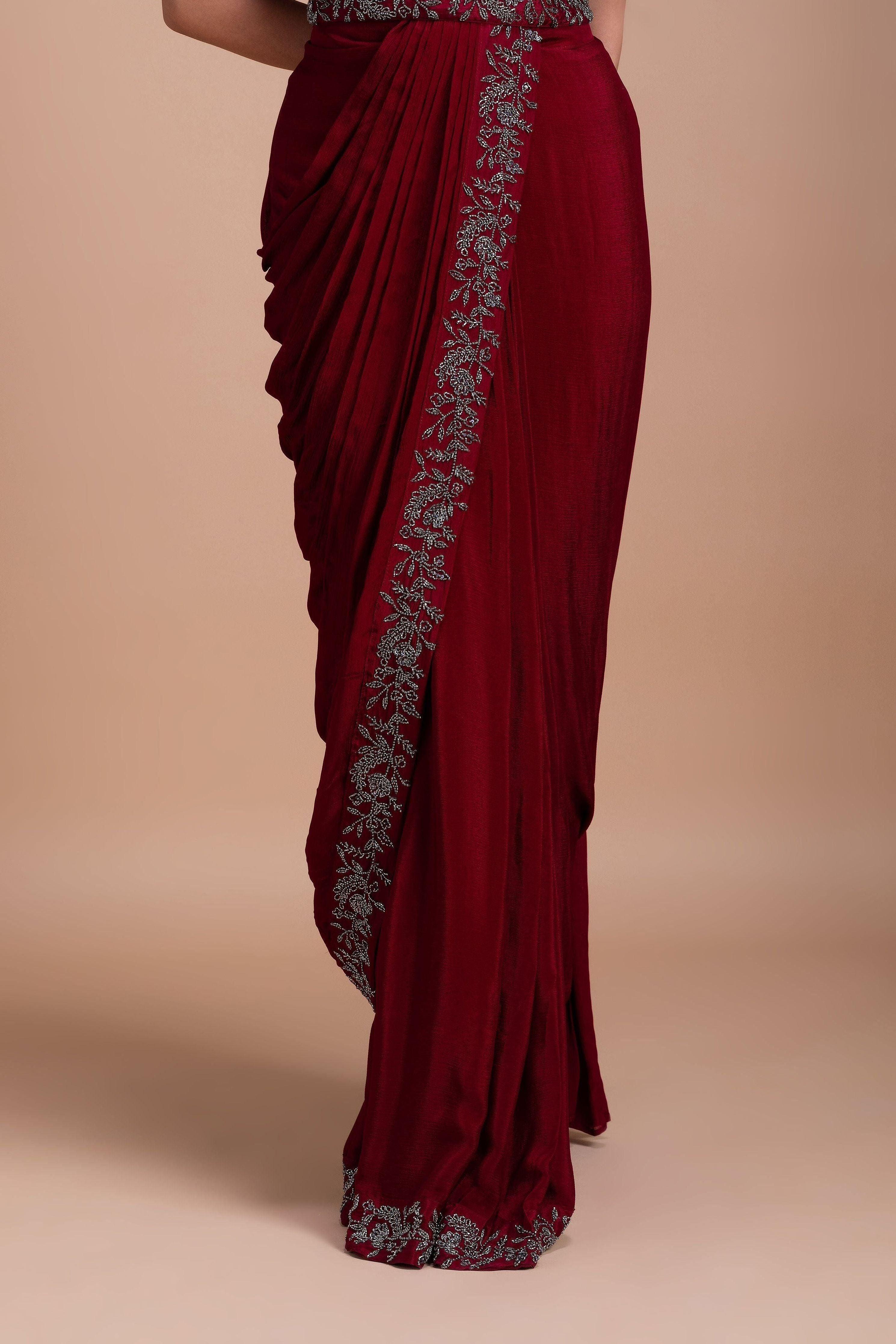 Wine Red Embroidered Blazer-Style Saree Set - Mokshaa