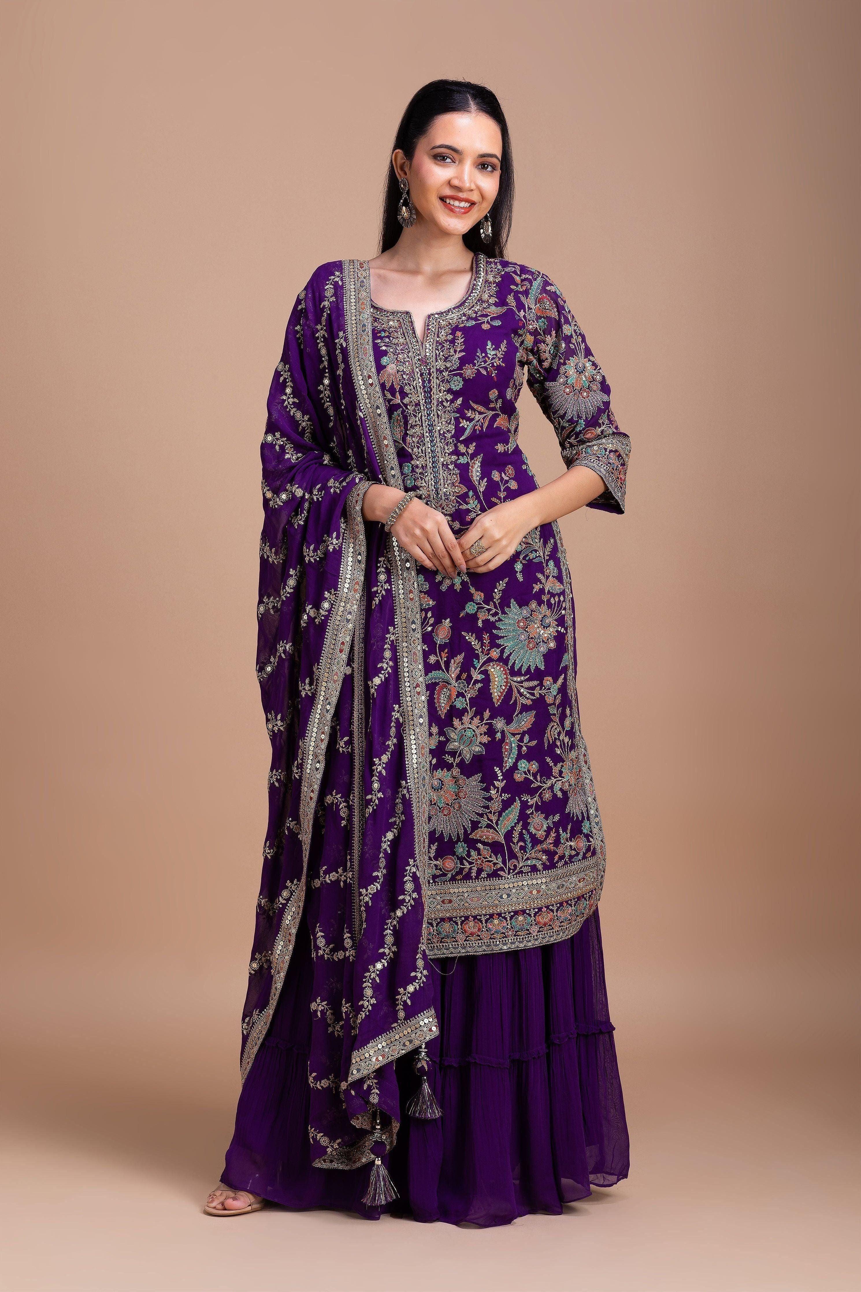 Royal Purple Floral Embroidered Sharara Set - Mokshaa