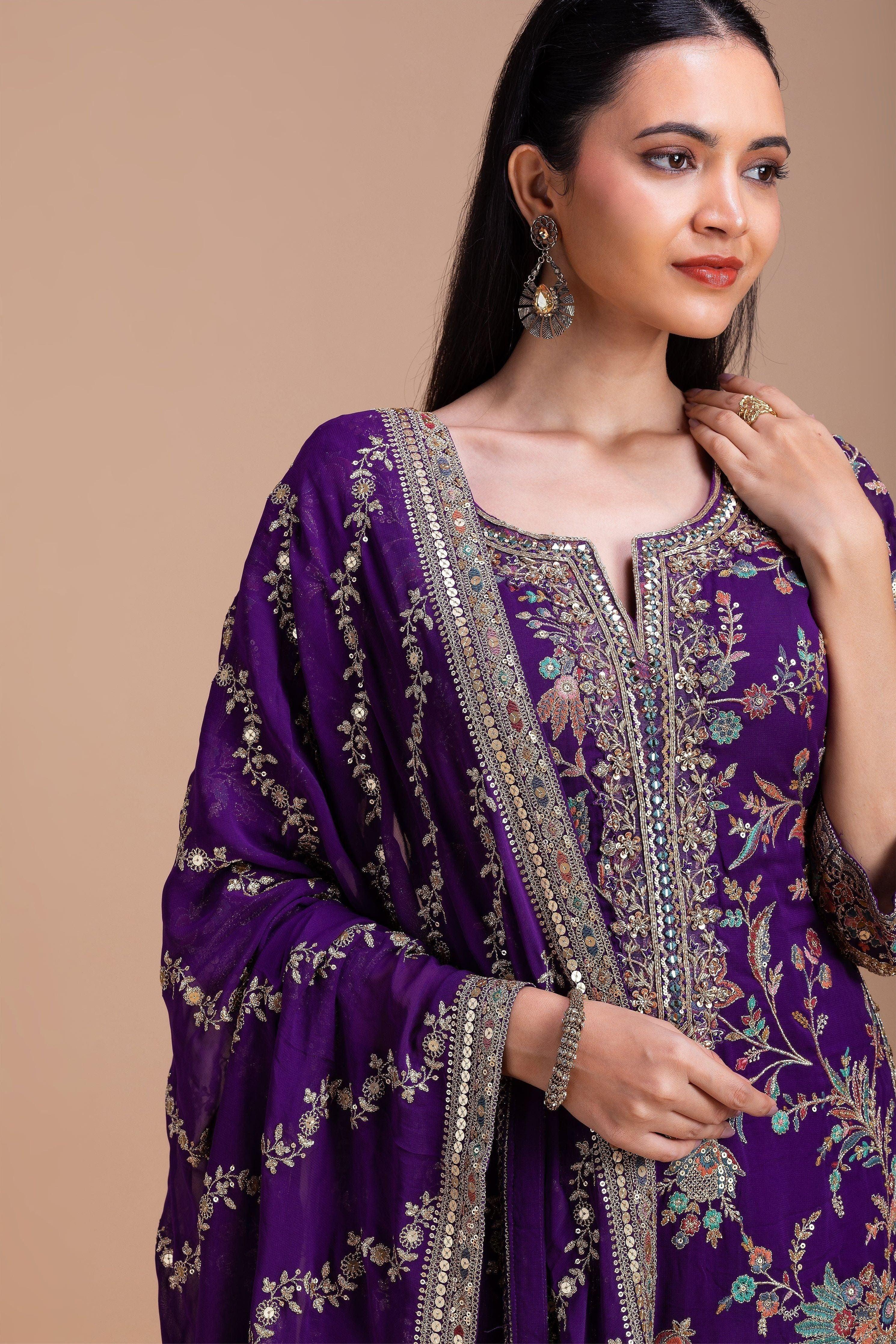 Royal Purple Floral Embroidered Sharara Set - Mokshaa