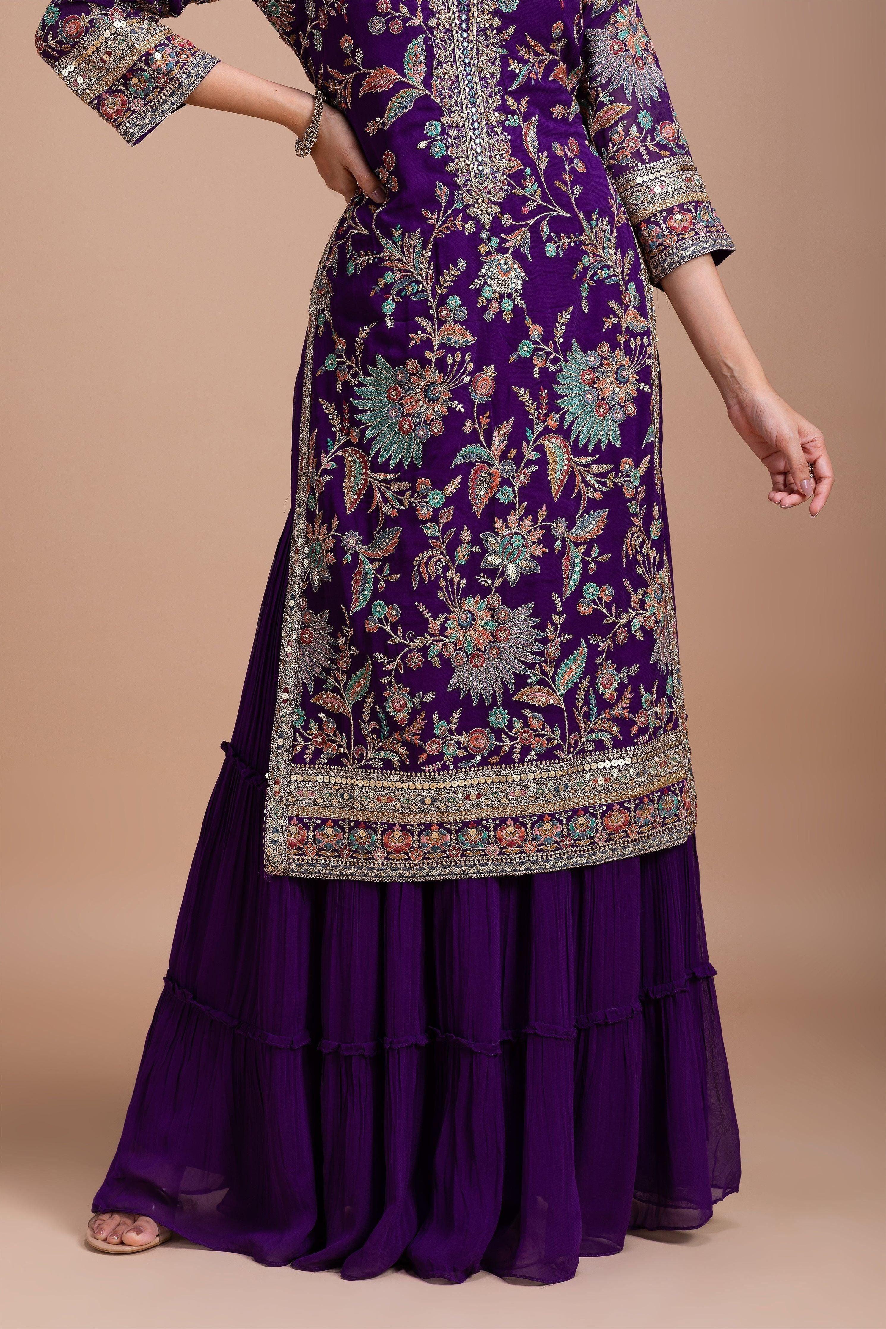 Royal Purple Floral Embroidered Sharara Set - Mokshaa