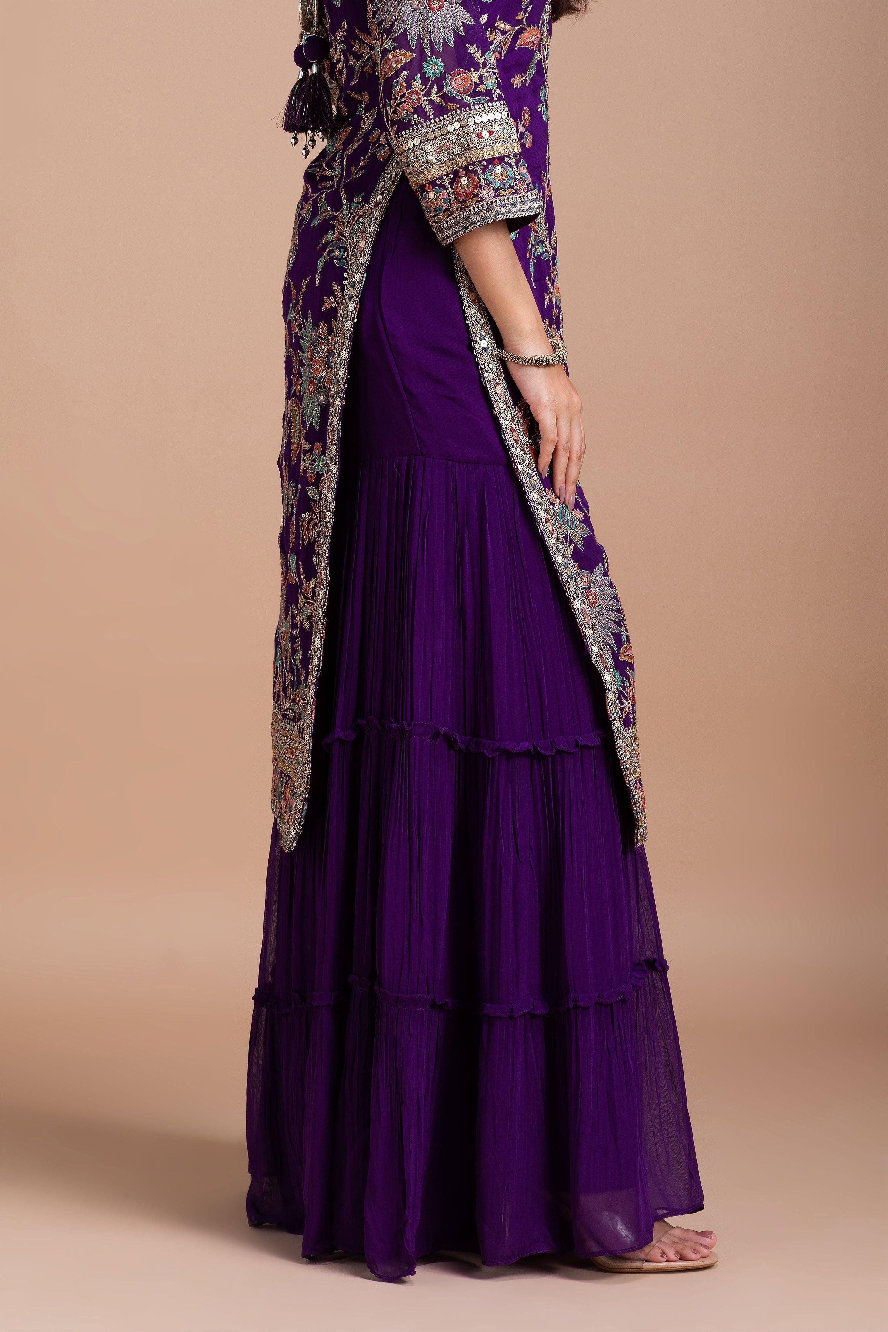 Royal Purple Floral Embroidered Sharara Set - Mokshaa
