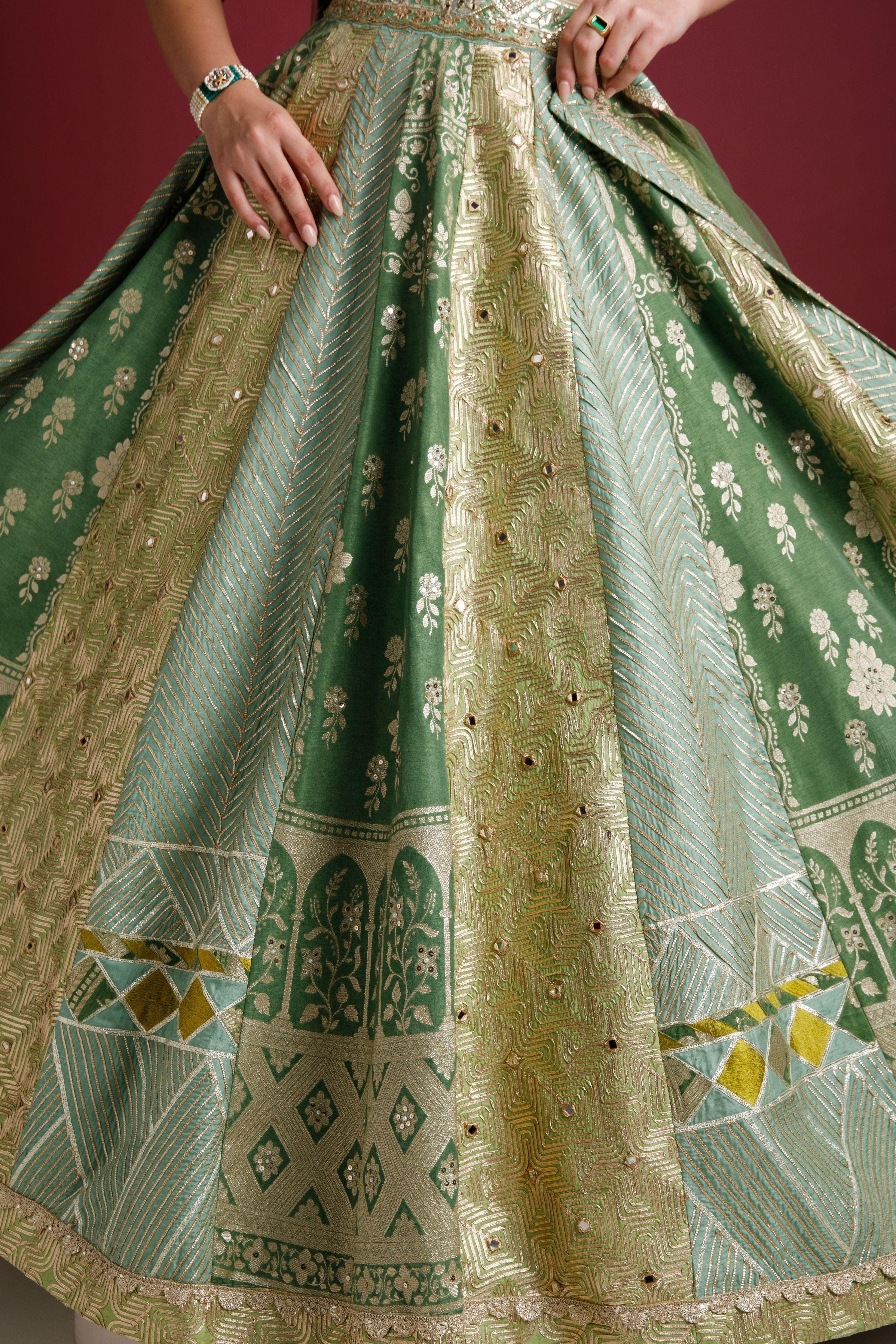 Moss Green Banarasi Silk Lehenga - Mokshaa