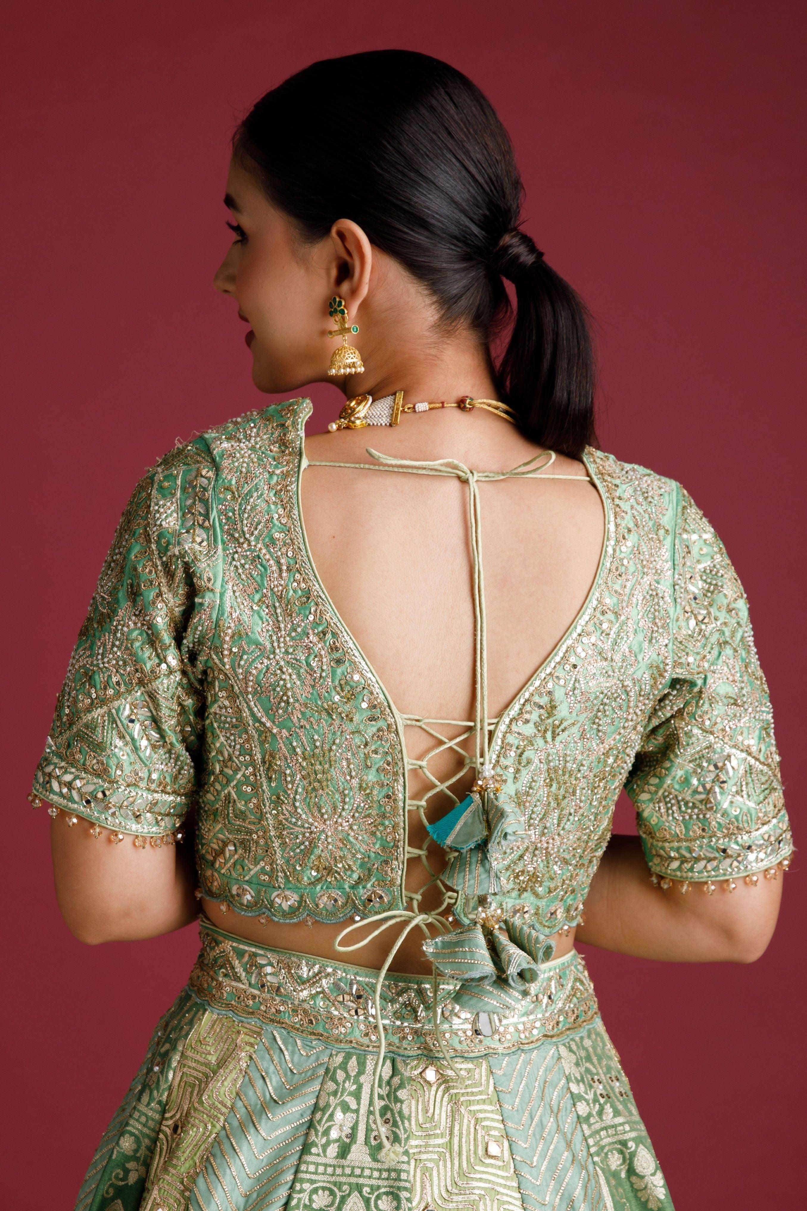 Moss Green Banarasi Silk Lehenga - Mokshaa