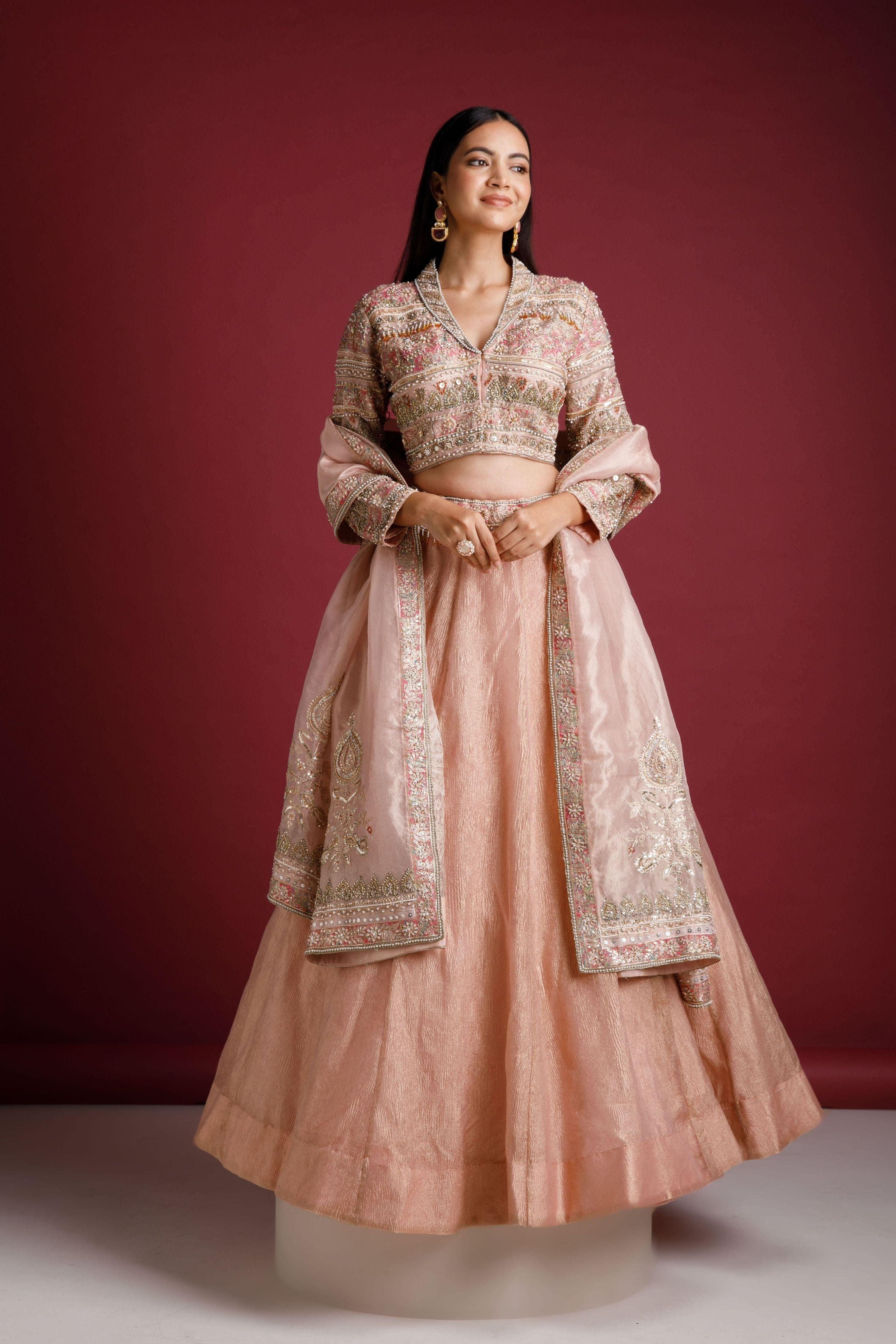 Dusty Rose Lehenga With Embellished Blouse And Tissue Skirt - Mokshaa