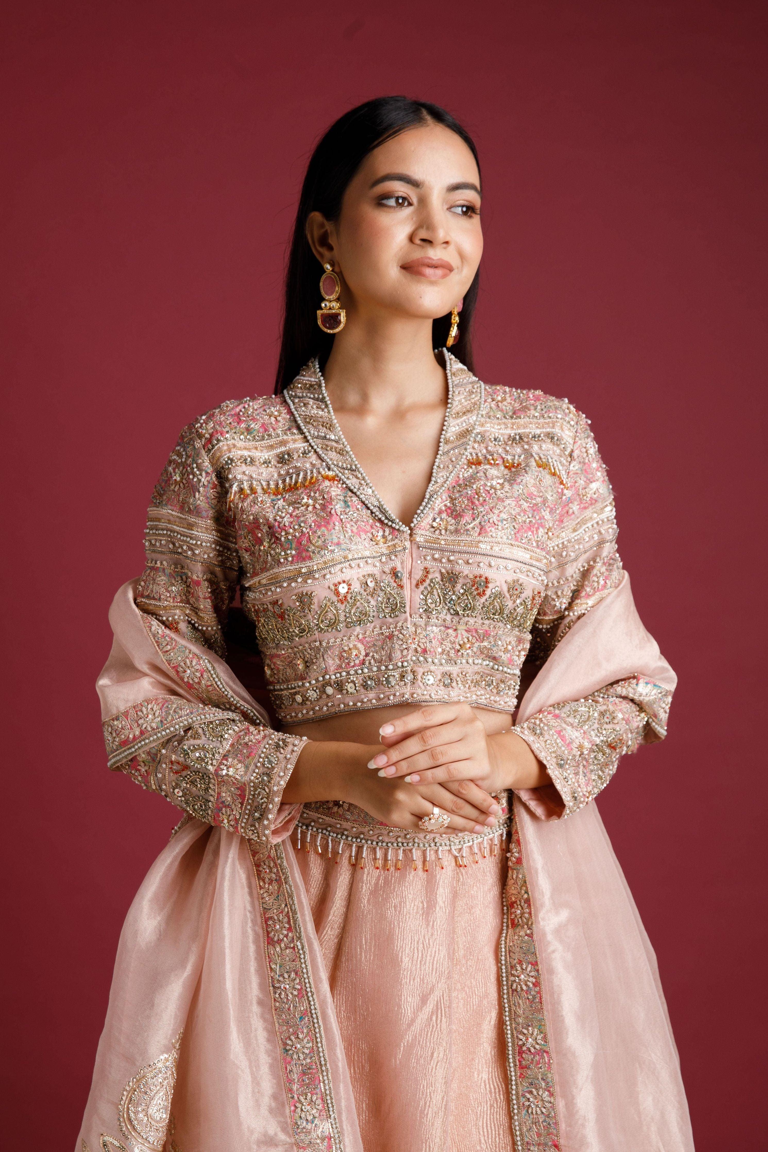 Dusty Rose Lehenga With Embellished Blouse And Tissue Skirt - Mokshaa